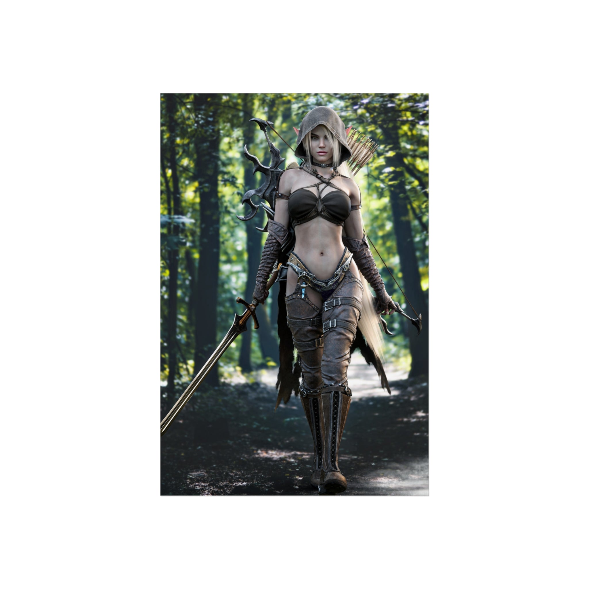 Fantasy Elf Warrior Fine Art Poster — Archer Huntress in Enchanted Forest- No AI - Human created illustration art