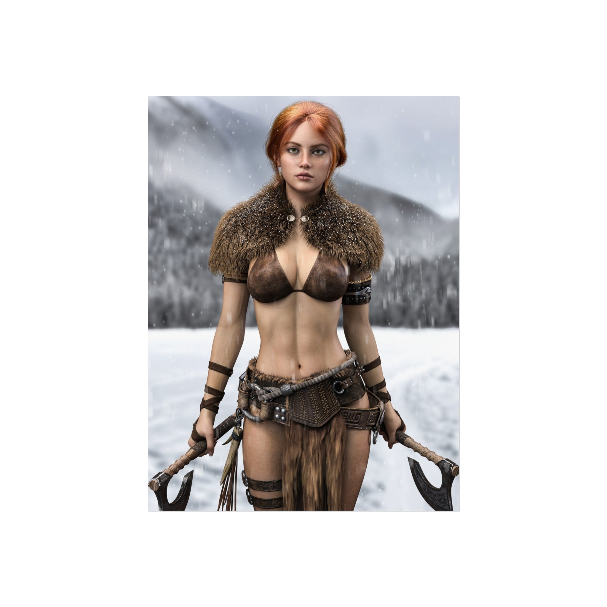 Viking Warrior Woman Fine Art Poster — Red-Haired Norse Axe Fighter Print- No AI- Human created illustration art