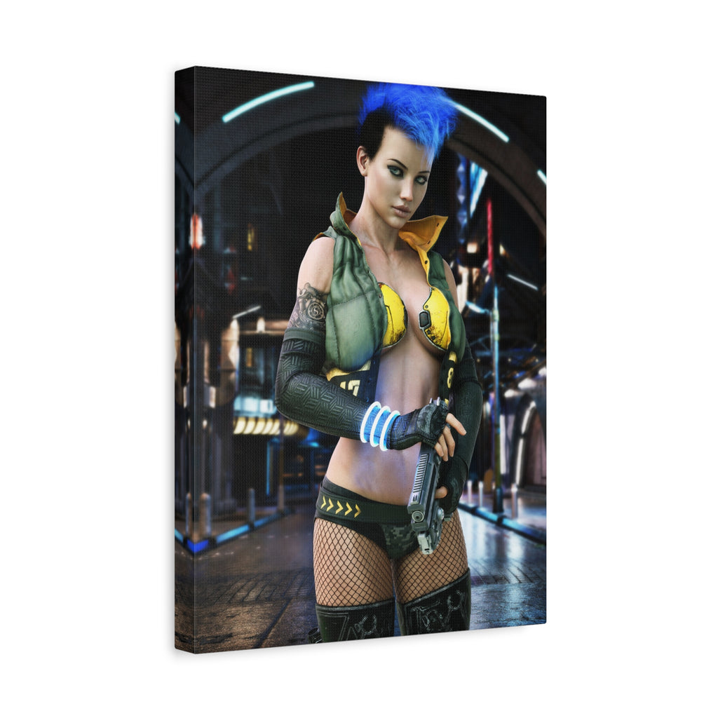 Cyberpunk Femme Fatale Canvas Print — Matte Stretched Wall Art -No AI- Human created illustration art