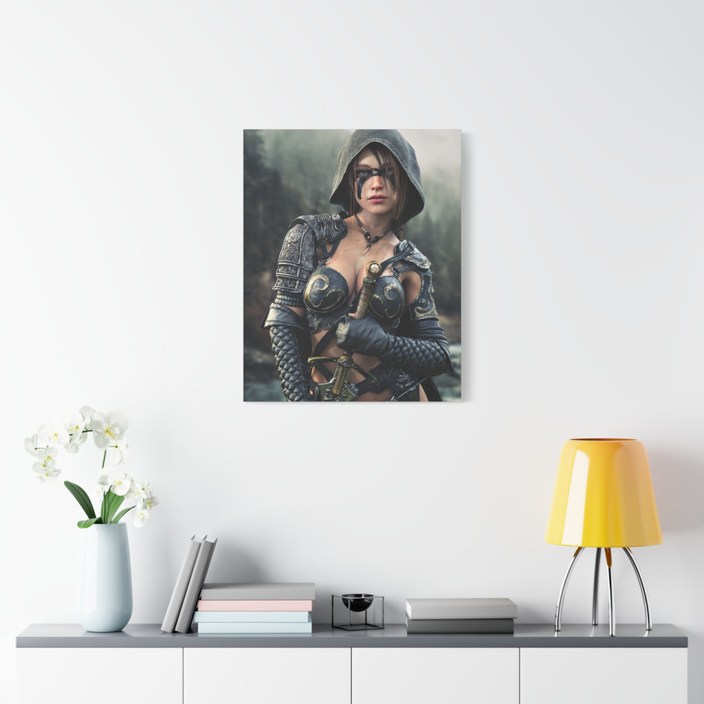 Fantasy ranger wall art featuring a hooded female warrior with face paint, ornate armor, and sword against a misty forest backdrop for fantasy decor.