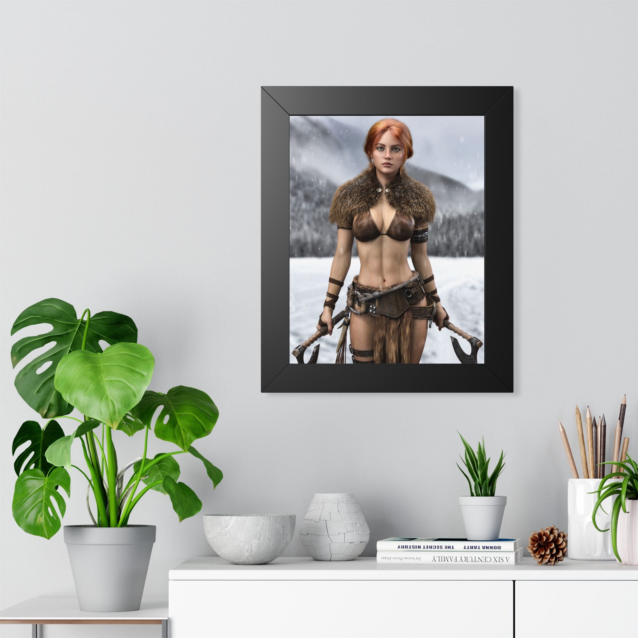 Viking Shieldmaiden Framed Poster — Redhead Warrior Art Print- No AI - Human created illustration art