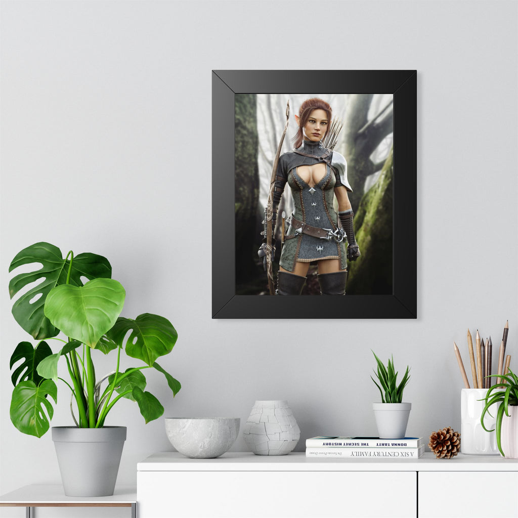 Fantasy Wood Elf Archer Framed Poster — Female Ranger Wall Art - No AI human created illustration art