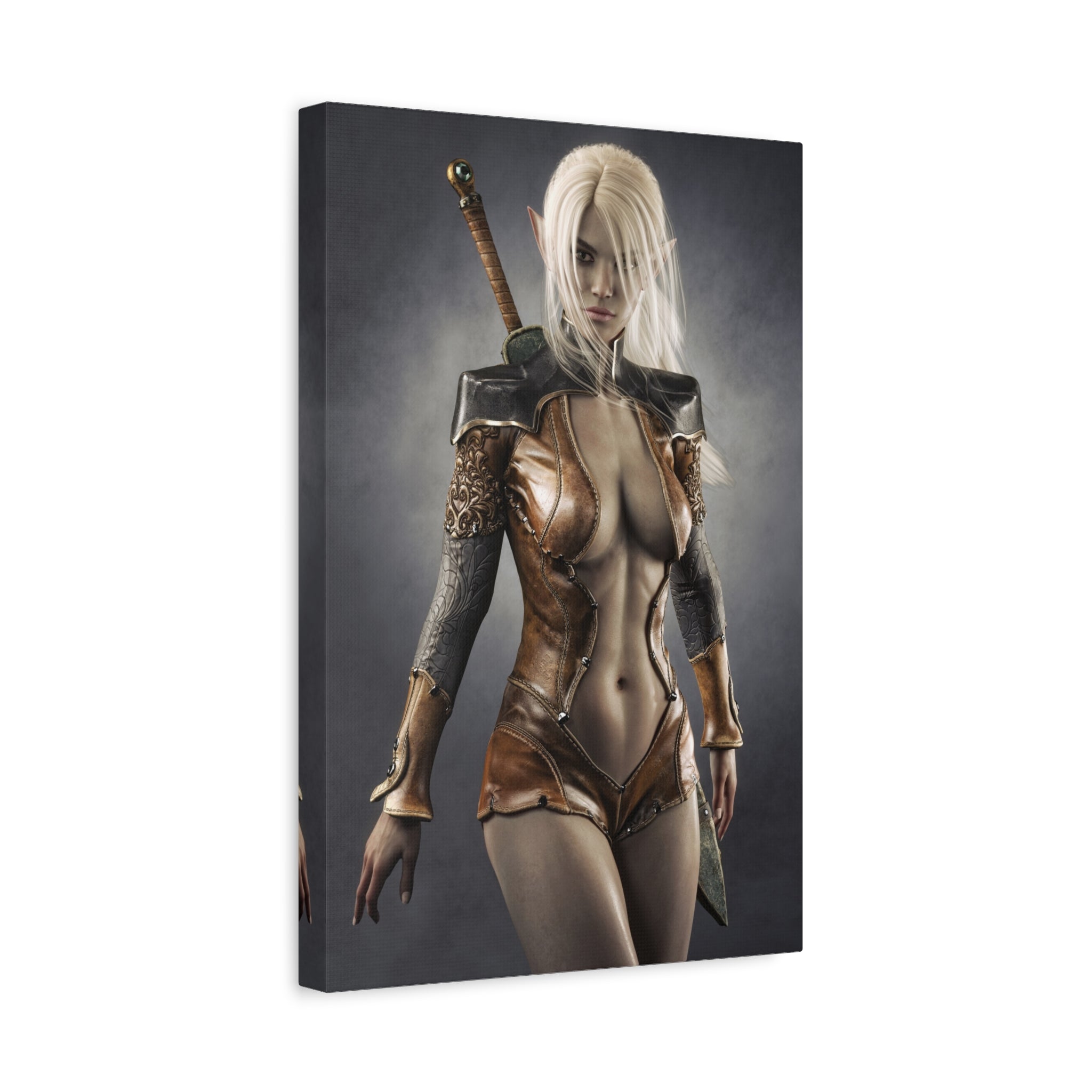 Fantasy Warrior Elf Canvas Print — Sexy Female Swordfighter Matte Stretched Art- No AI- Human created illuration art