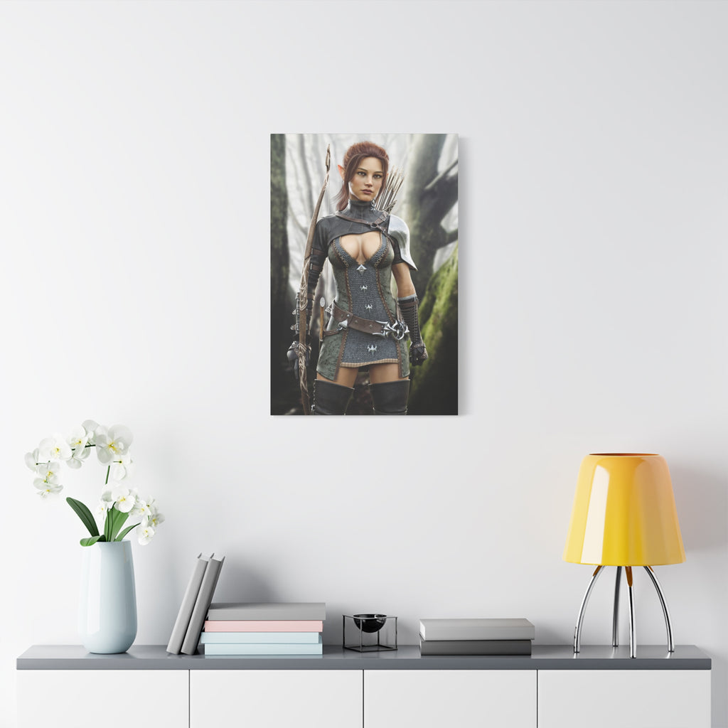 Fantasy Wood Elf Archer Warrior Canvas Print — Matte Stretched Wall Art - No Ai - human created illustration art