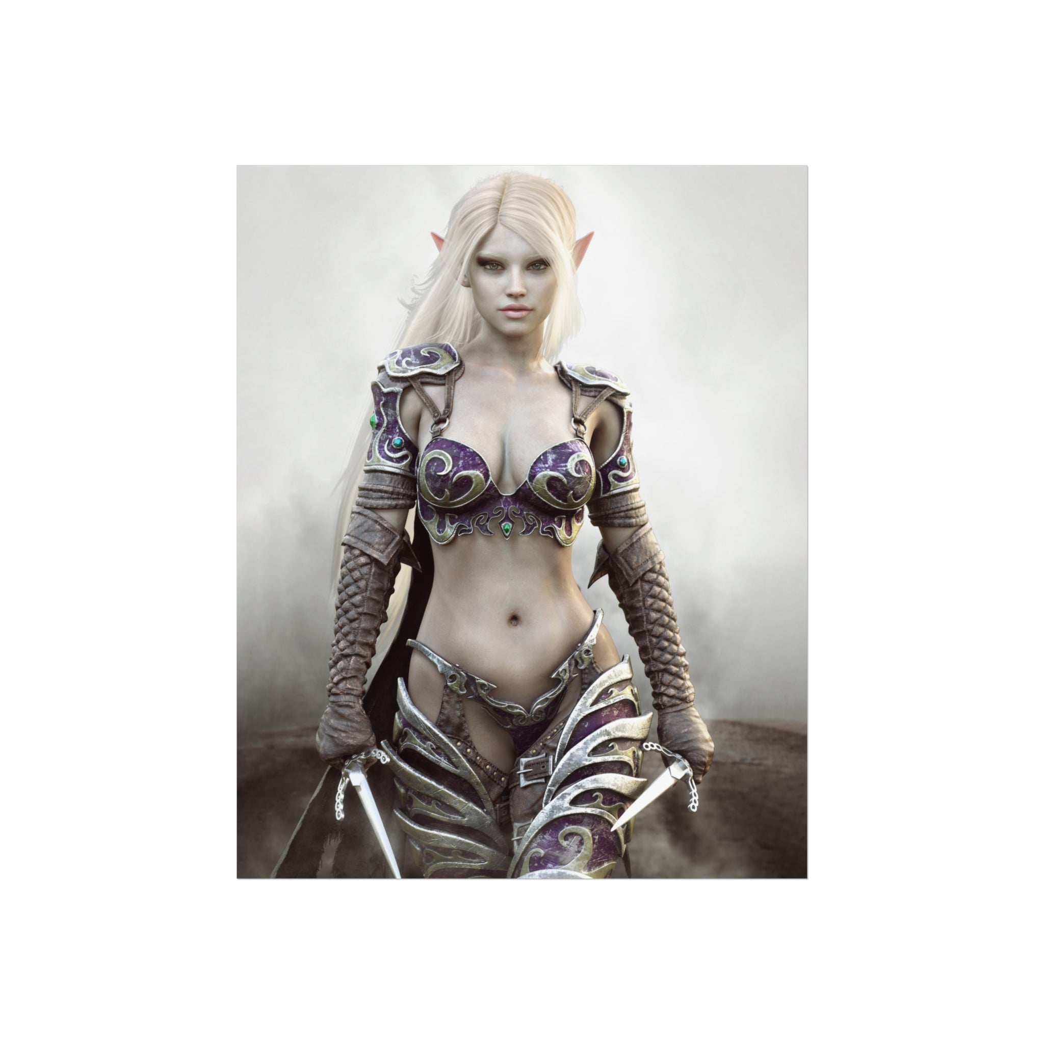 Fantasy Dark Elf Warrior Fine Art Poster — Mystical Female Elf Armor Wall Art- No AI - Human created illustration art