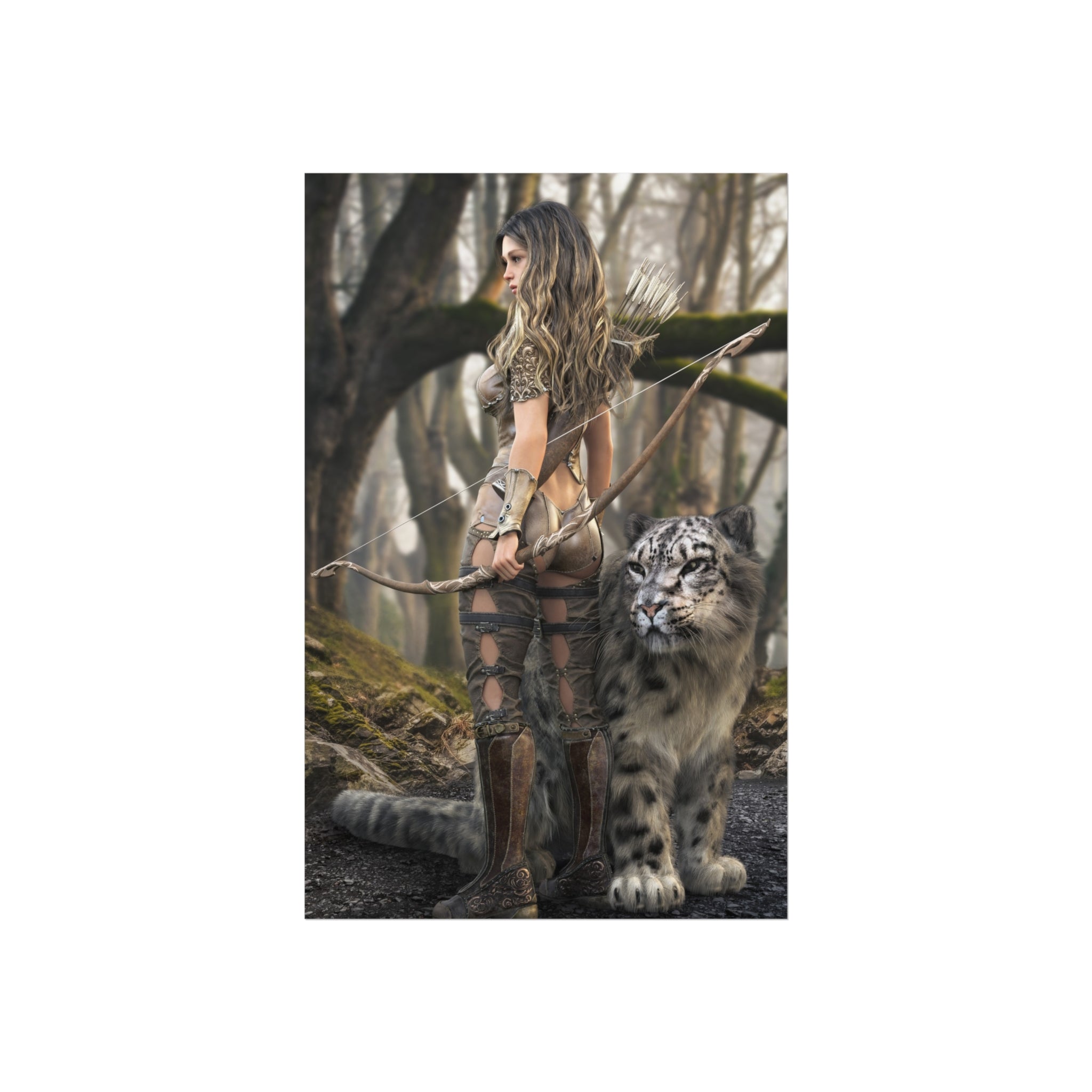 Warrior Archer &  leopard Fine Art Poster - Fantasy Forest Wall Art