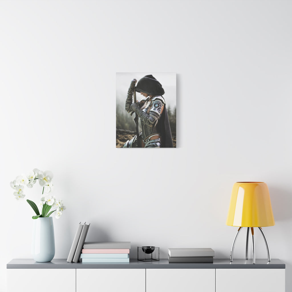 Fantasy Warrior Canvas Print — Hooded Female Knight Matte Stretched Wall Art- No AI- Human created fantasy art