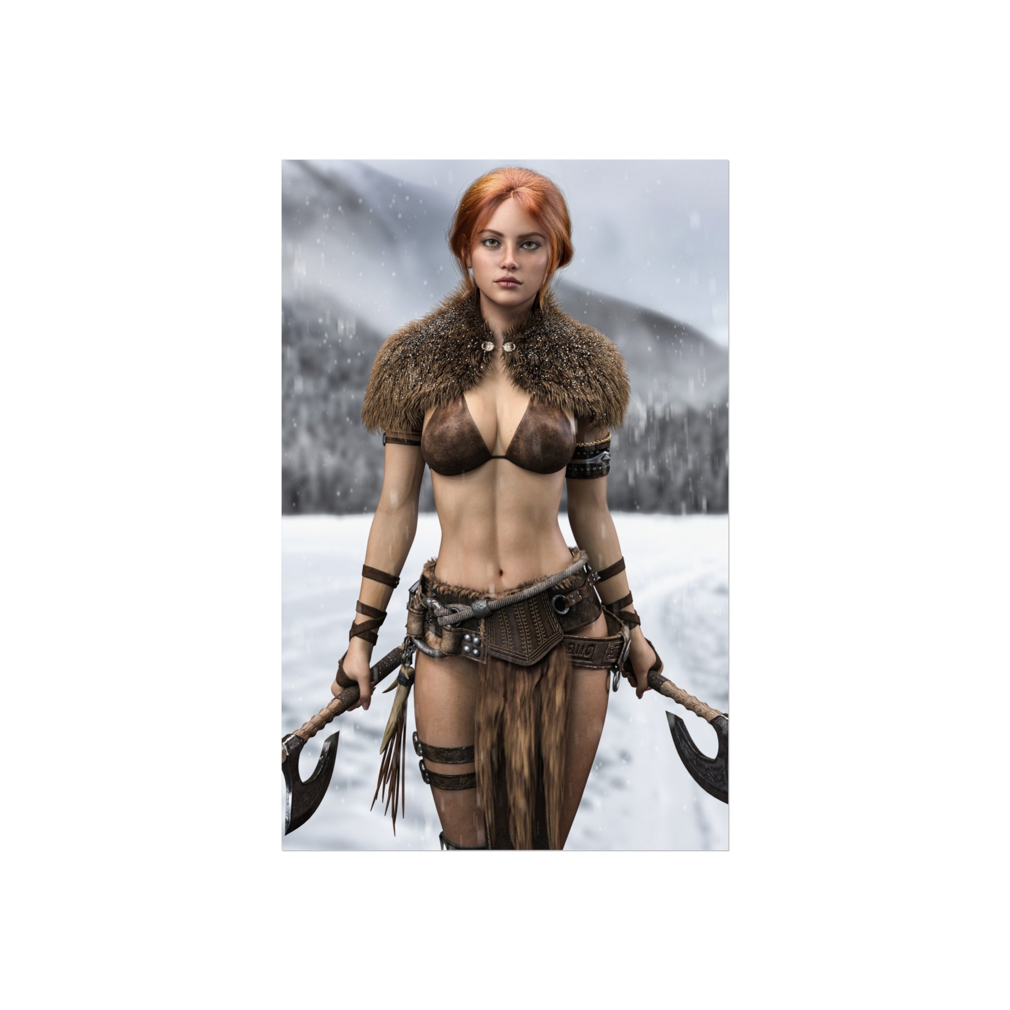 Viking Warrior Woman Fine Art Poster — Red-Haired Norse Axe Fighter Print- No AI- Human created illustration art