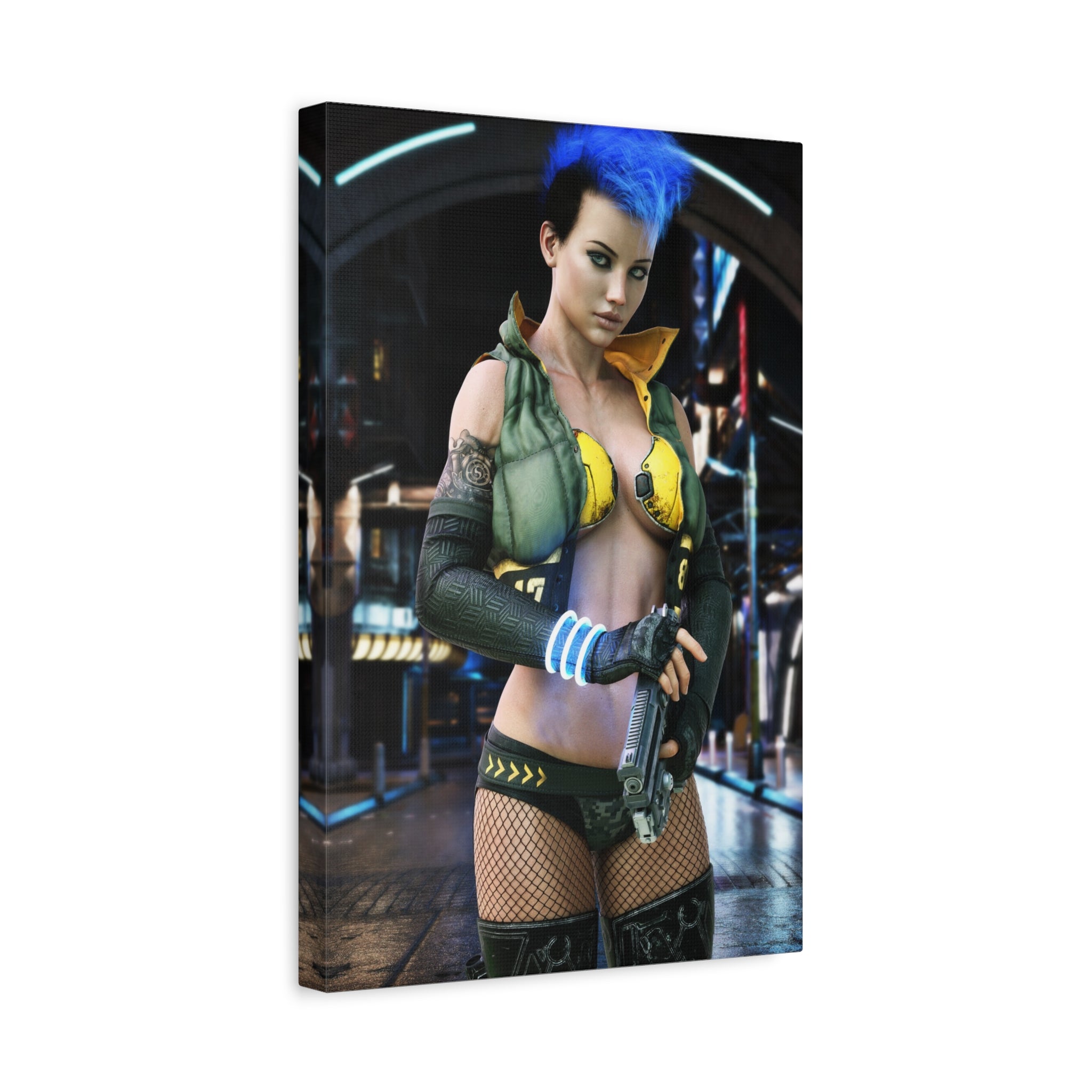 Cyberpunk Femme Fatale Canvas Print — Matte Stretched Wall Art -No AI- Human created illustration art