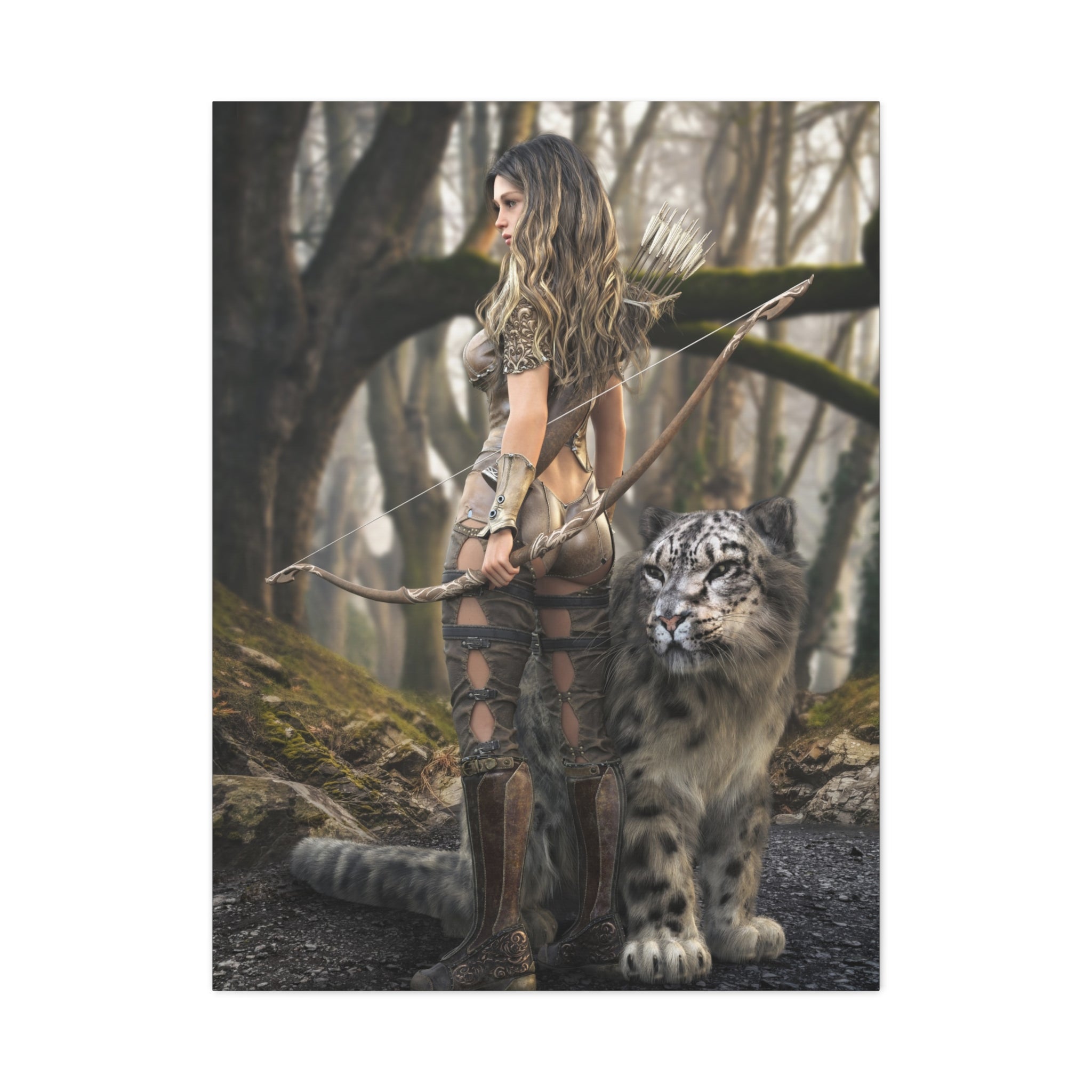 Fantasy Archer Warrior with  Leopard - Matte Stretched Canvas Wall Art - No ai - human created illustration art.