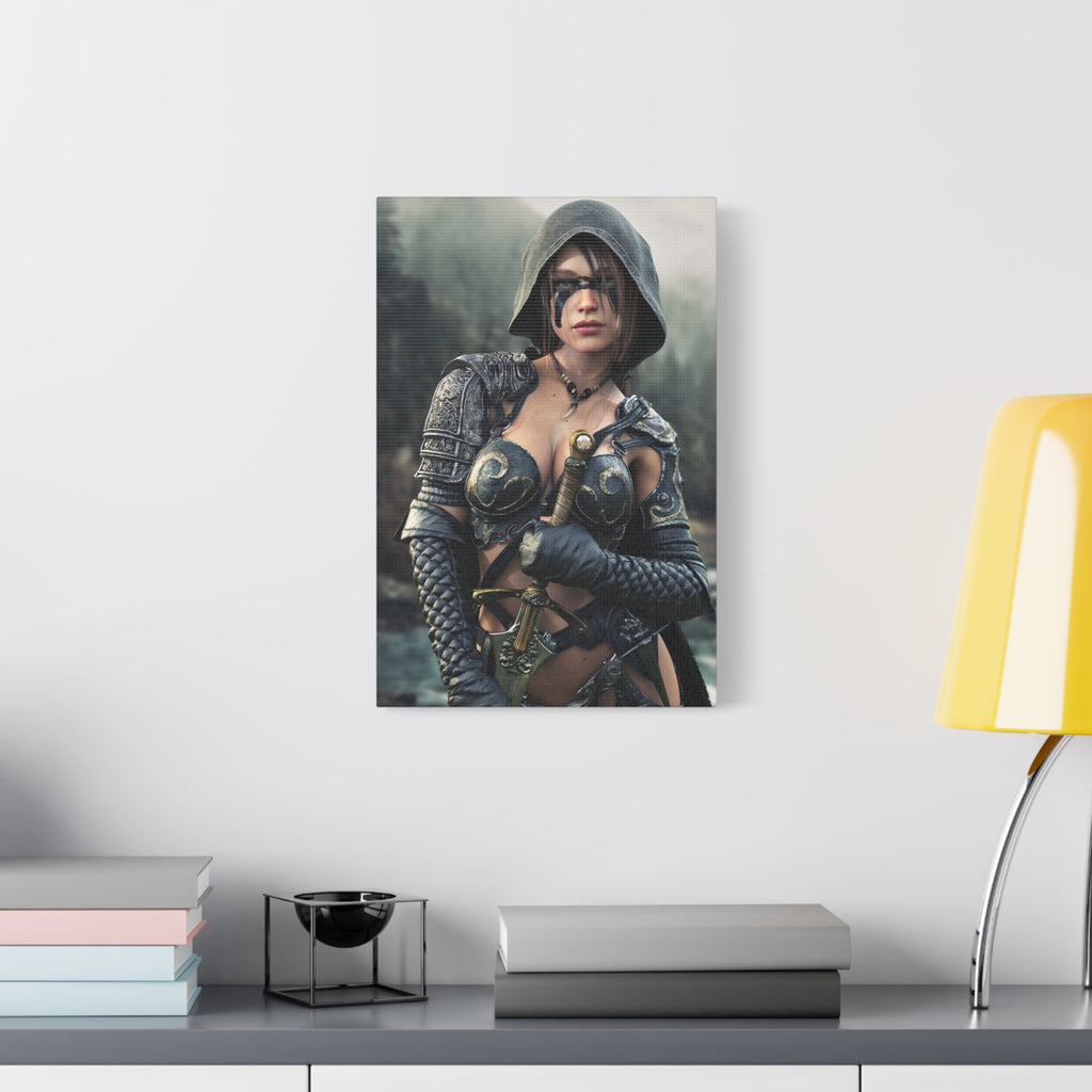 Fantasy ranger wall art featuring a hooded female warrior with face paint, ornate armor, and sword against a misty forest backdrop for fantasy decor.