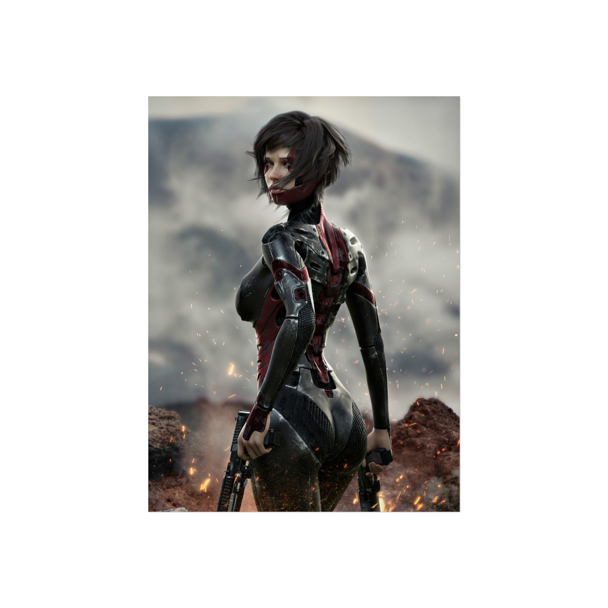 Sci‑Fi Warrior Fine Art Poster — Cybernetic Female Soldier Wall Art- No AI - Human created illustration art