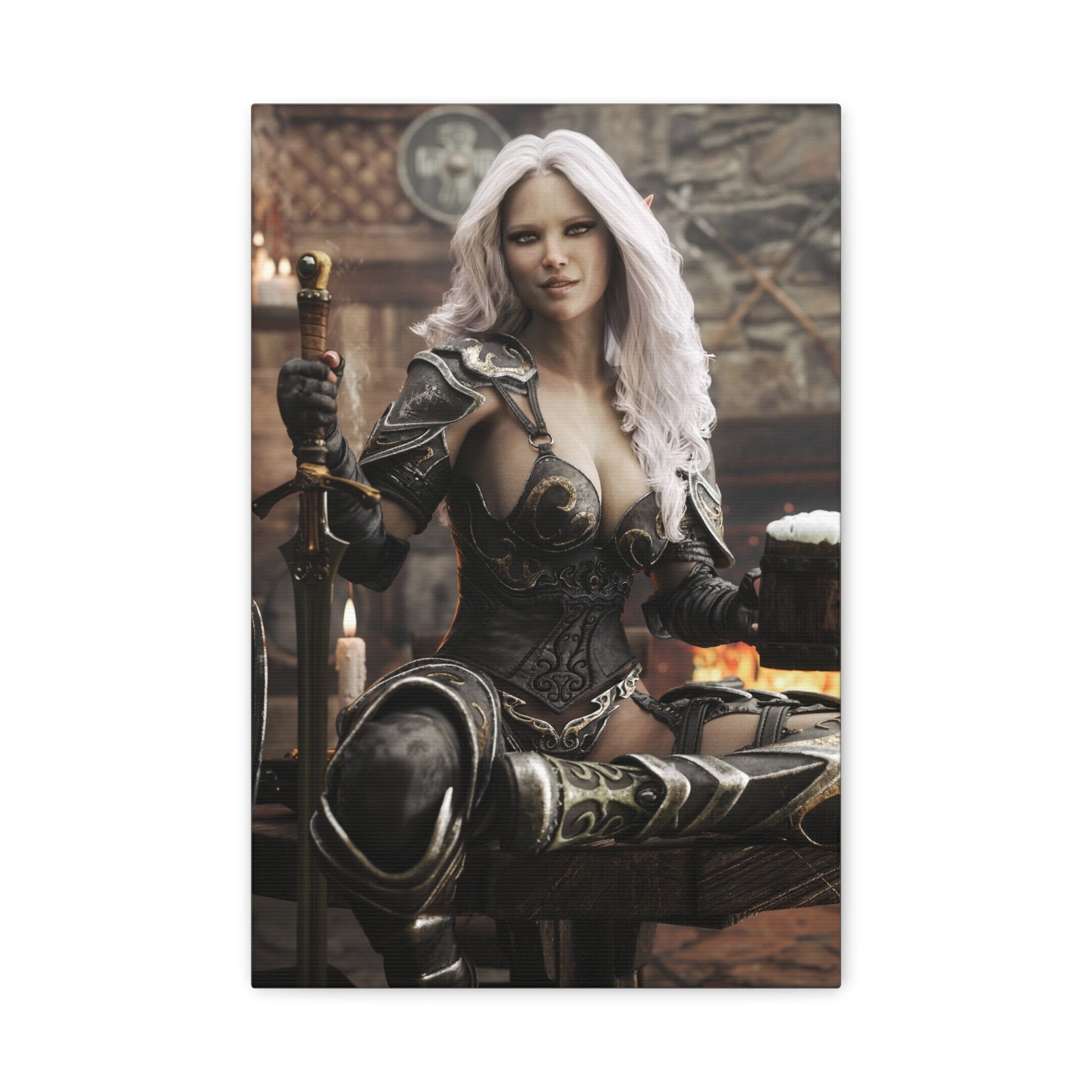 Fantasy Warrior Woman Canvas Print — Armored Dark elf in Tavern Portrait-No AI- Human created illustration art