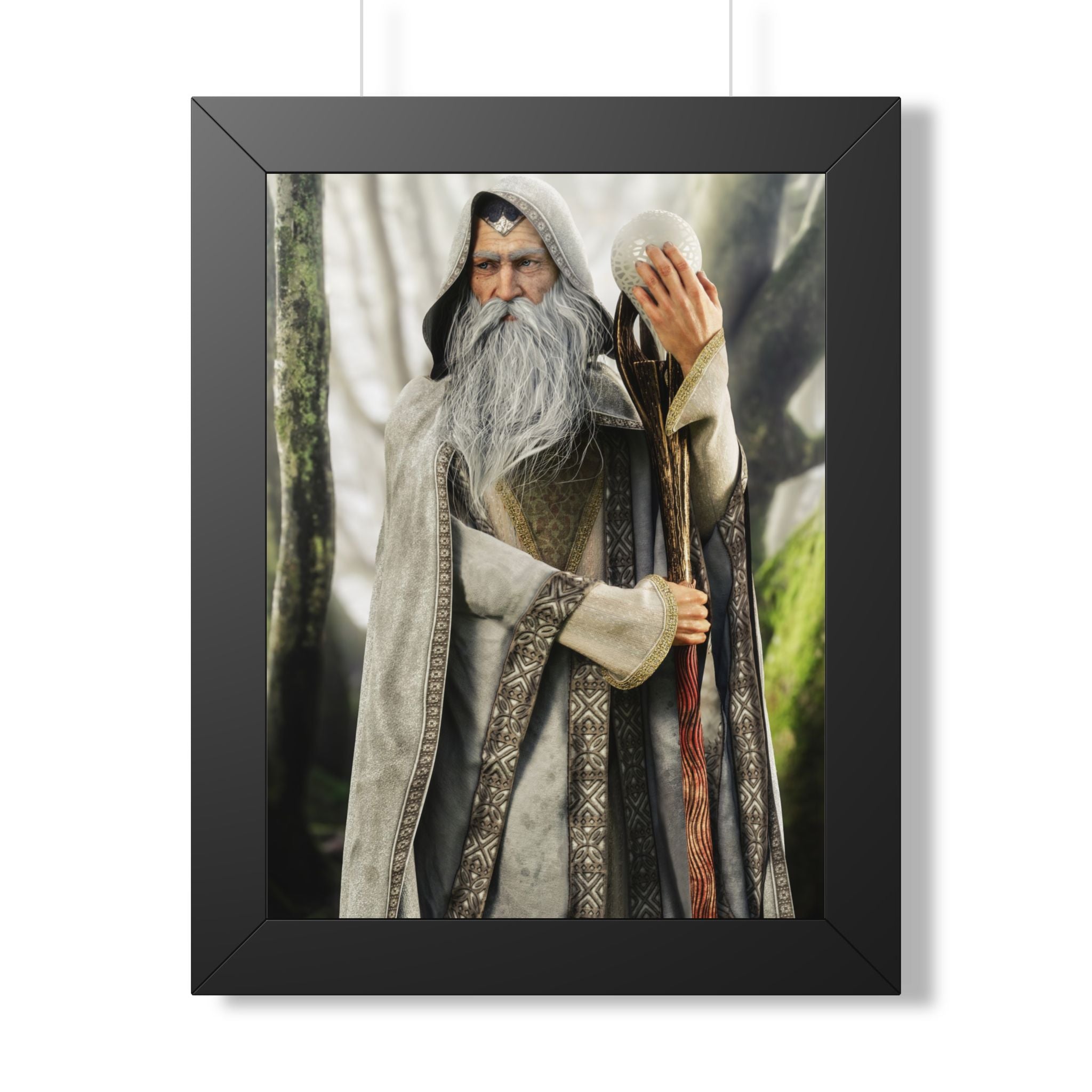 Framed Poster — Wise Wizard with Staff Fantasy Art- No ai - Human created illustration art