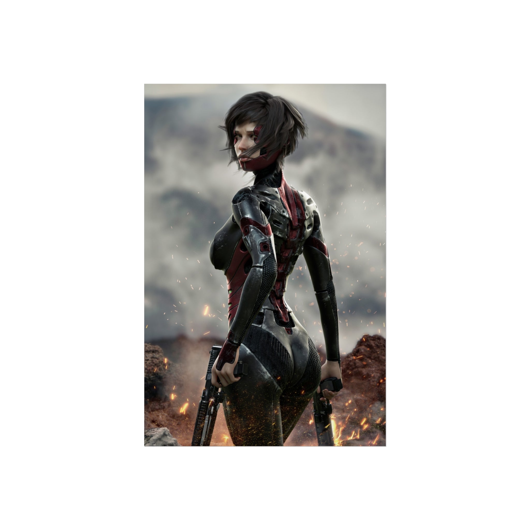 Sci‑Fi Warrior Fine Art Poster — Cybernetic Female Soldier Wall Art- No AI - Human created illustration art