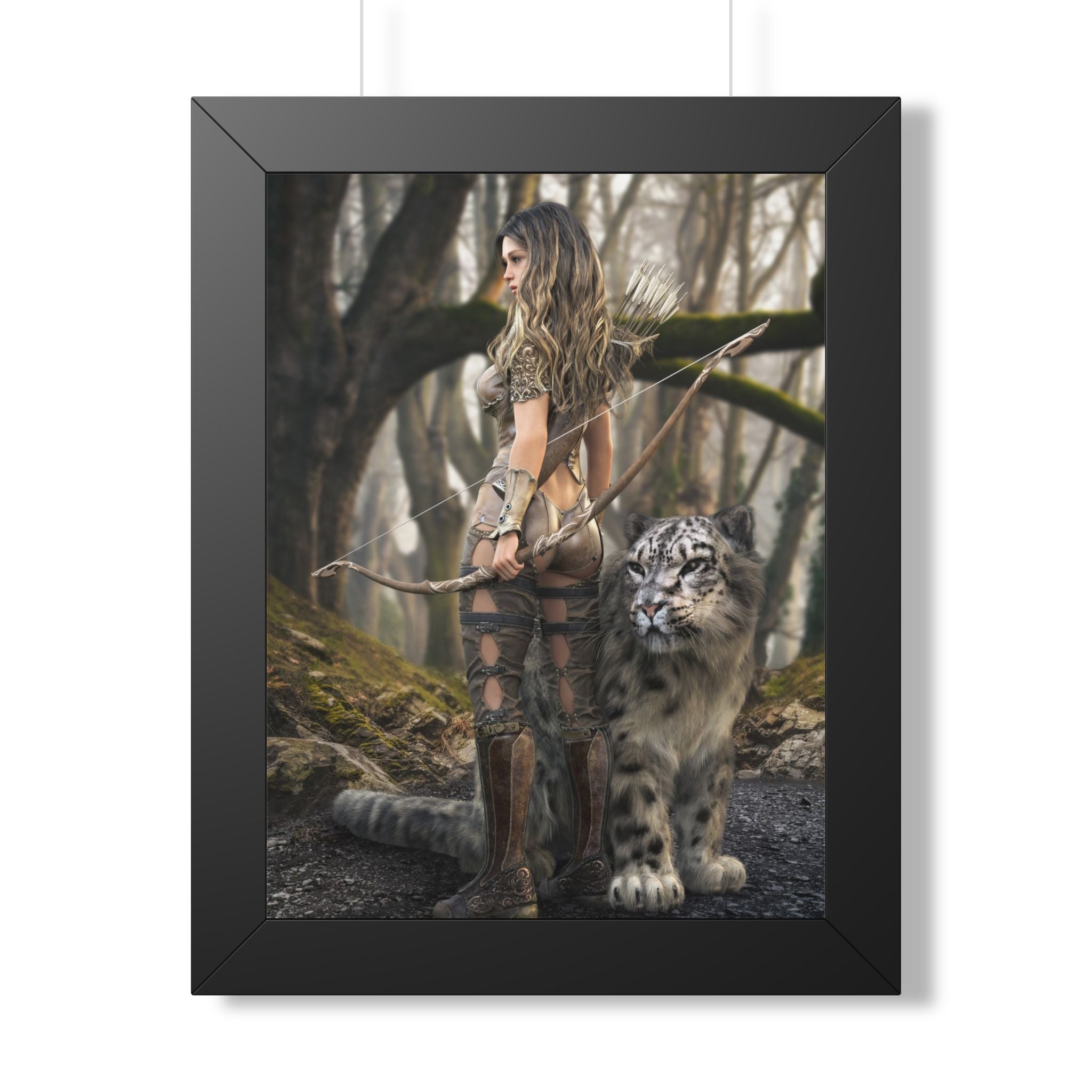Framed Poster — Forest Huntress with Leopard Fantasy Art
