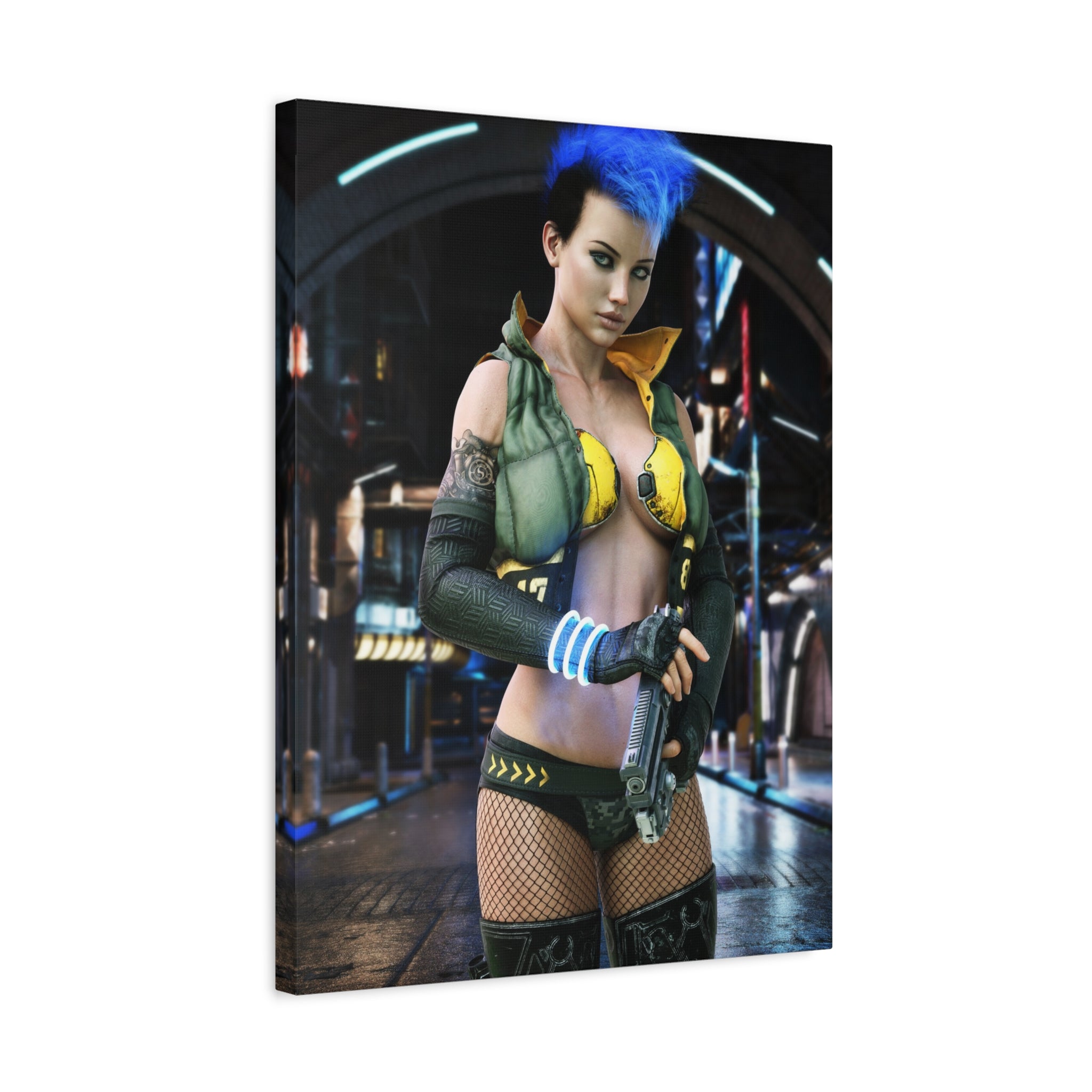 Cyberpunk Femme Fatale Canvas Print — Matte Stretched Wall Art -No AI- Human created illustration art