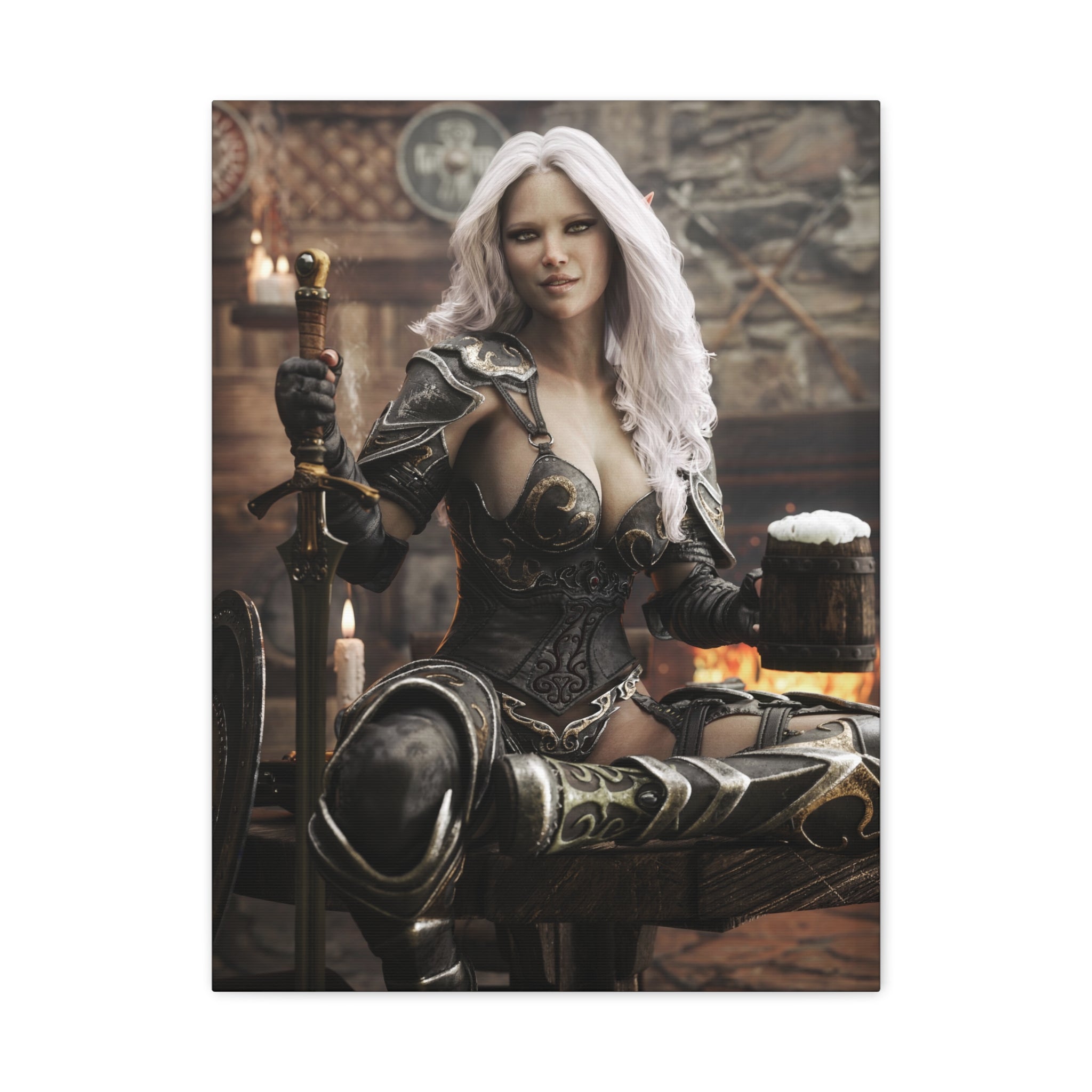 Fantasy Warrior Woman Canvas Print — Armored Dark elf in Tavern Portrait-No AI- Human created illustration art