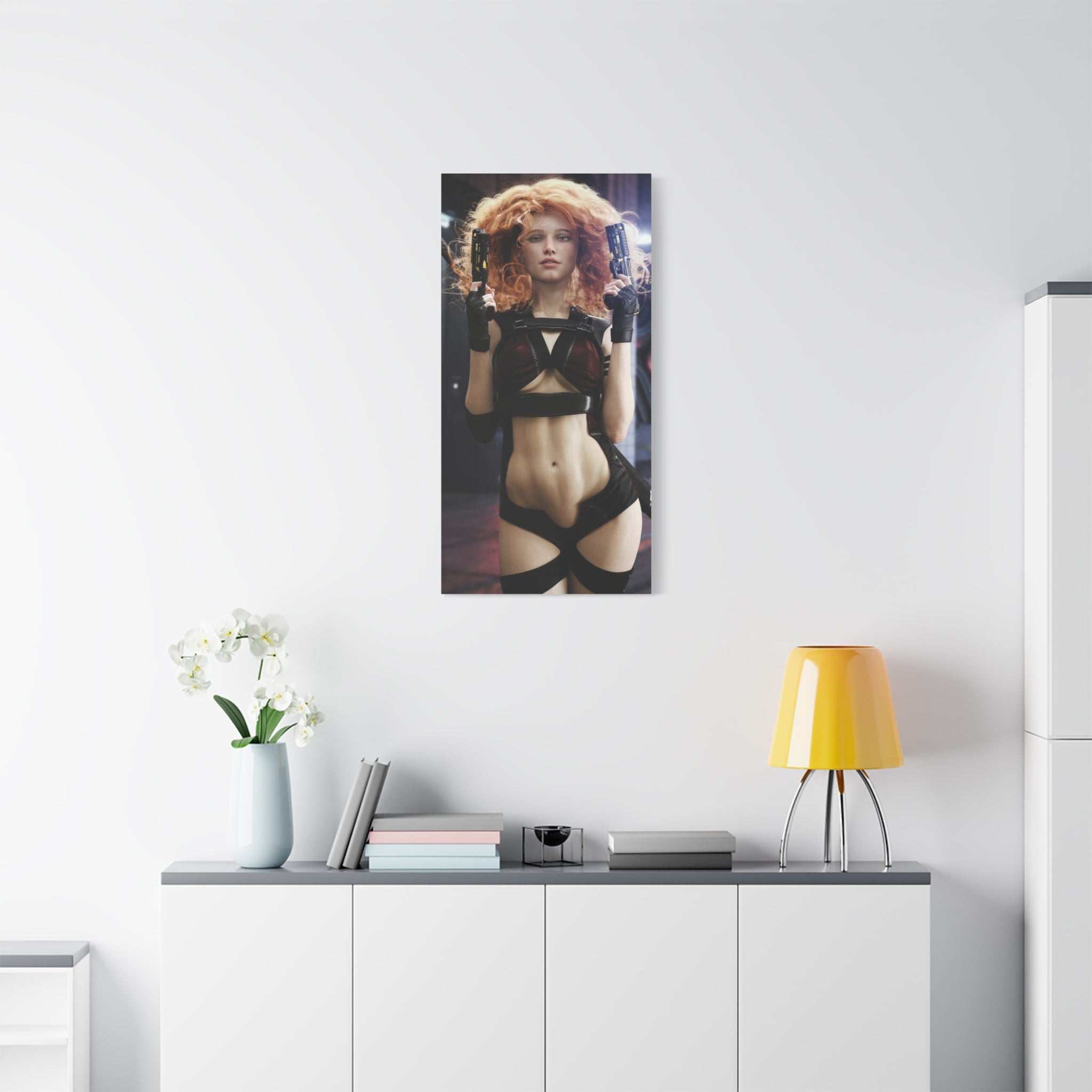 Sci‑Fi Femme Fatale Canvas Print — Red‑Haired Space Gunslinger Matte Stretched- No AI - Human created illustration art