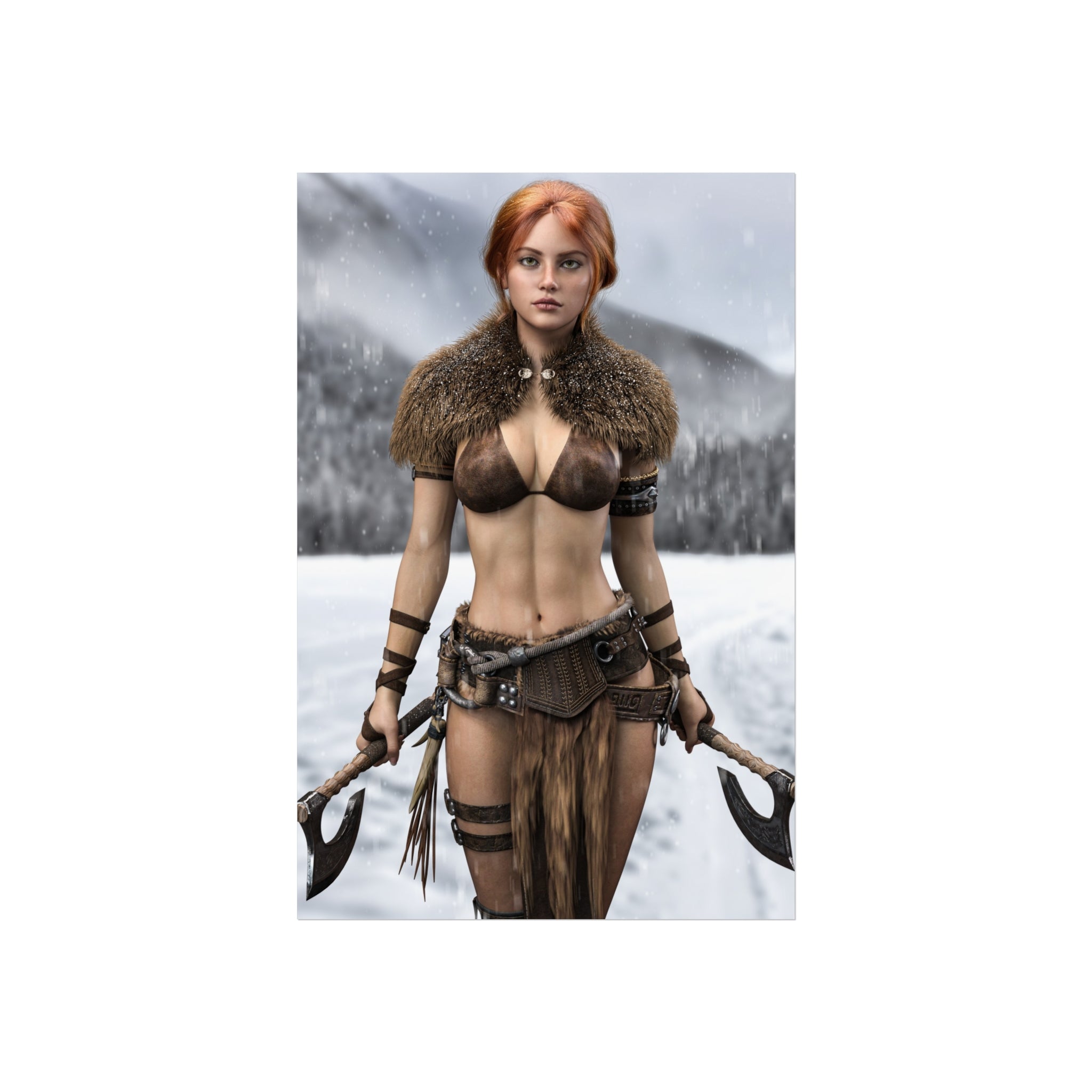 Viking Warrior Woman Fine Art Poster — Red-Haired Norse Axe Fighter Print- No AI- Human created illustration art