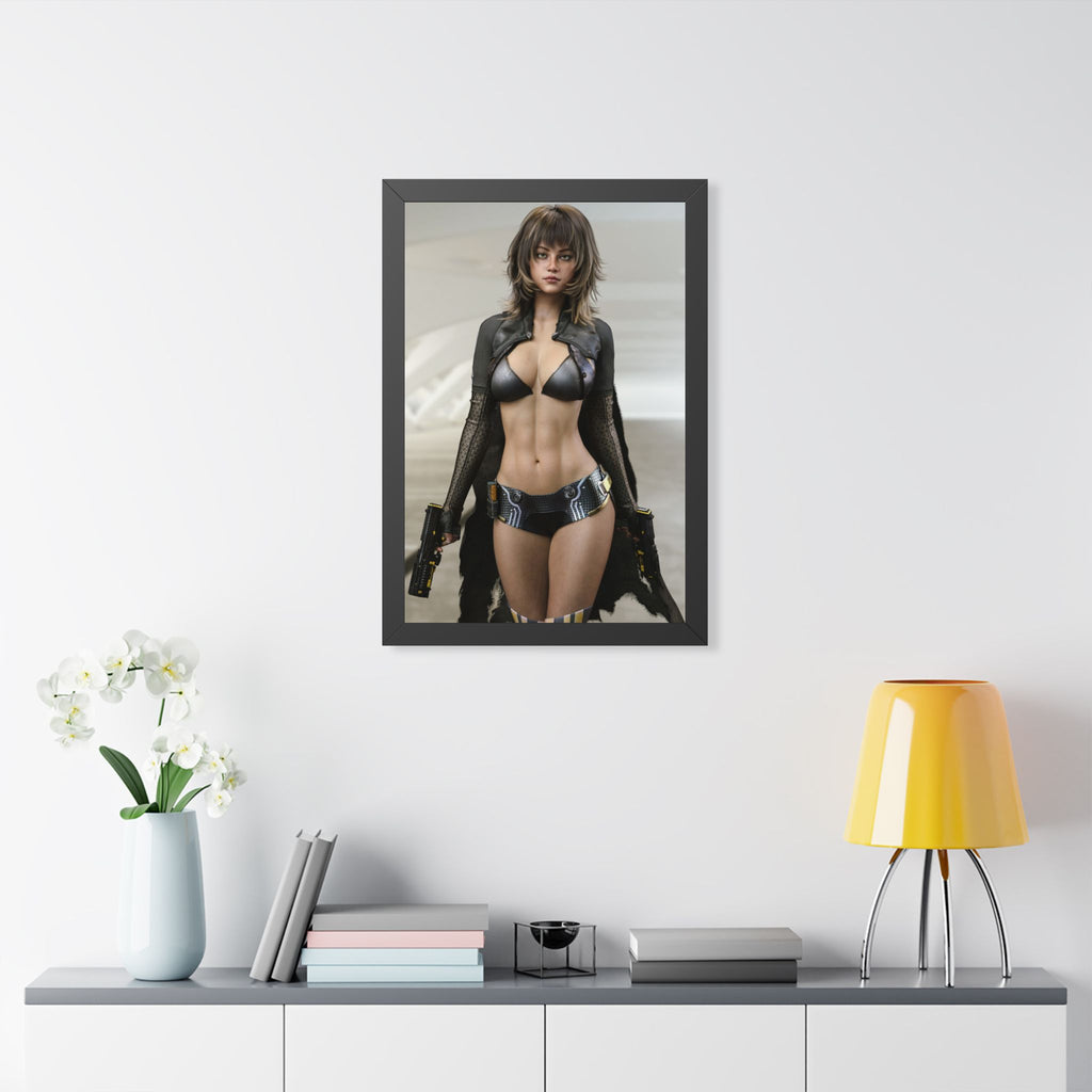 Framed Poster — Futuristic Female Warrior Art Print- No AI - Human created illustration art
