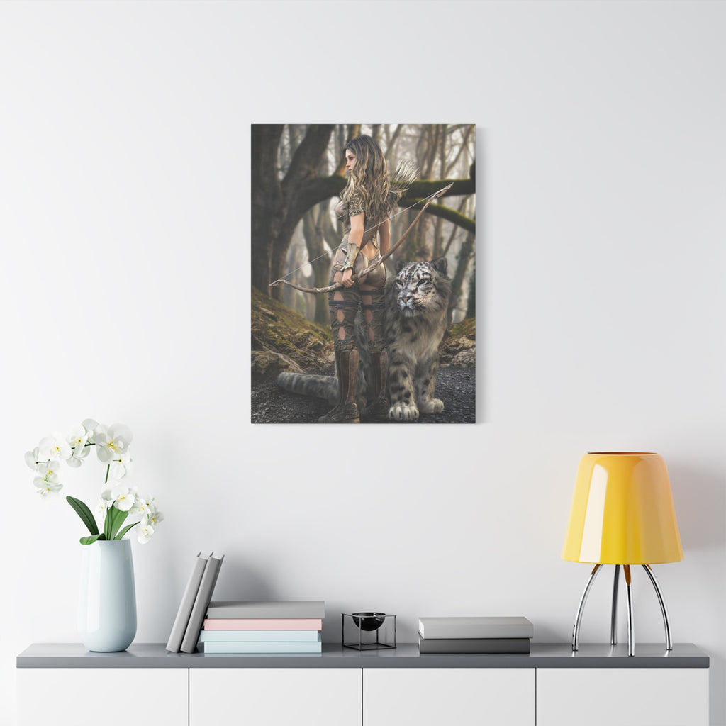 Fantasy Archer Warrior with  Leopard - Matte Stretched Canvas Wall Art - No ai - human created illustration art
