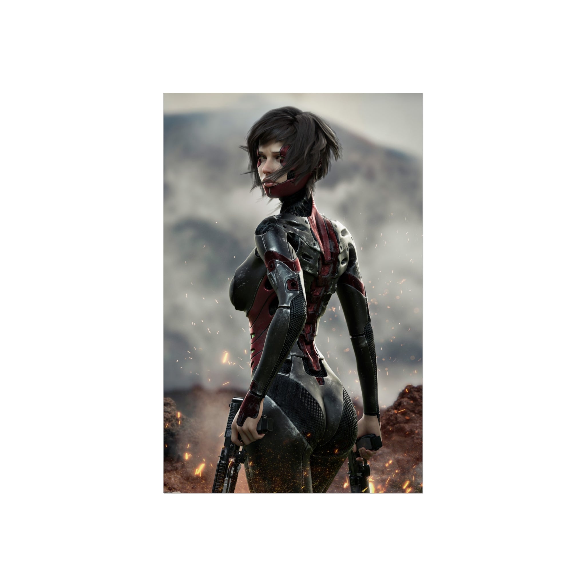 Sci‑Fi Warrior Fine Art Poster — Cybernetic Female Soldier Wall Art- No AI - Human created illustration art