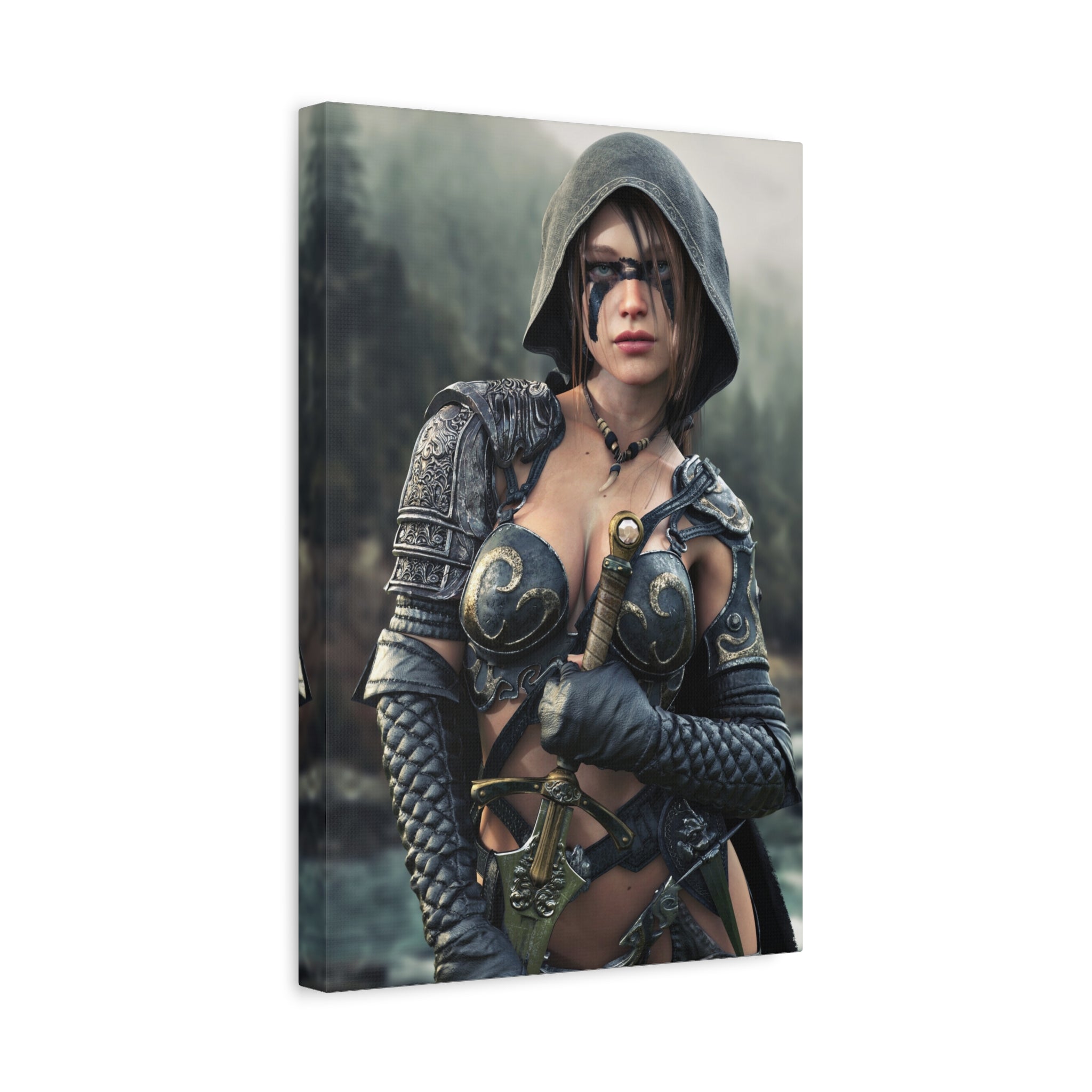 Fantasy ranger wall art featuring a hooded female warrior with face paint, ornate armor, and sword against a misty forest backdrop for fantasy decor.