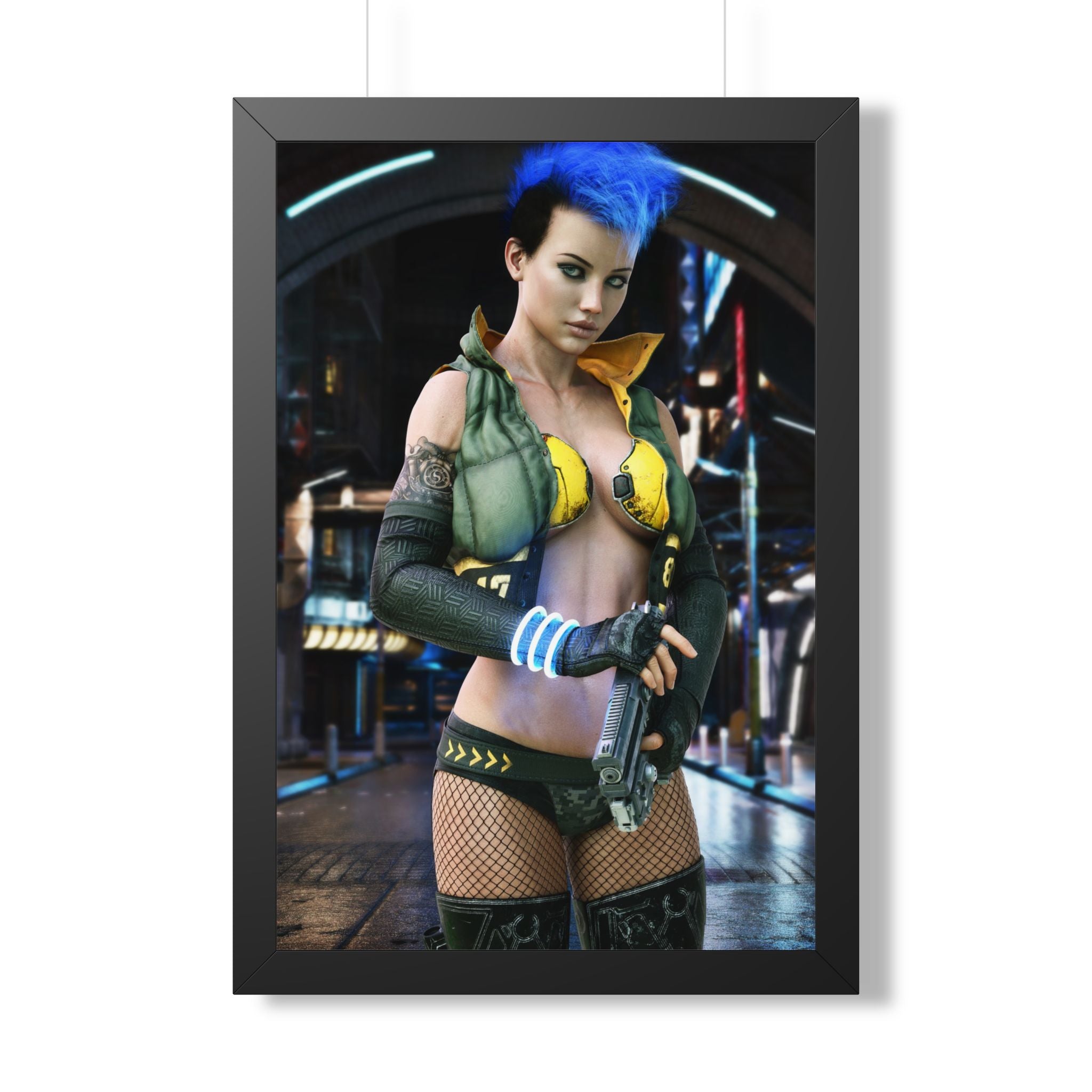 Cyberpunk Bounty Hunter Framed Poster — Futuristic Sci‑Fi Wall Art- No AI- Human created illustration art