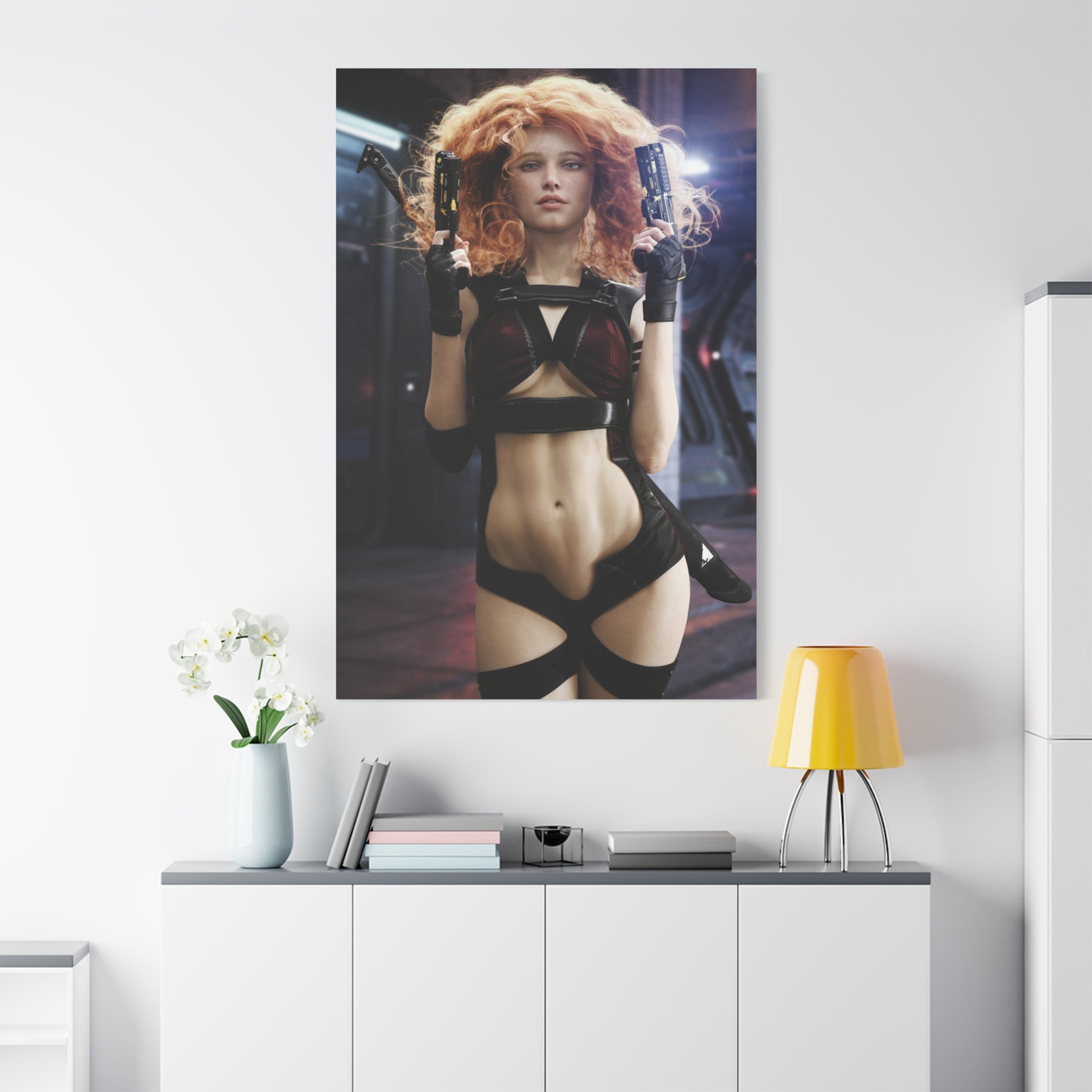 Sci‑Fi Femme Fatale Canvas Print — Red‑Haired Space Gunslinger Matte Stretched- No AI - Human created illustration art