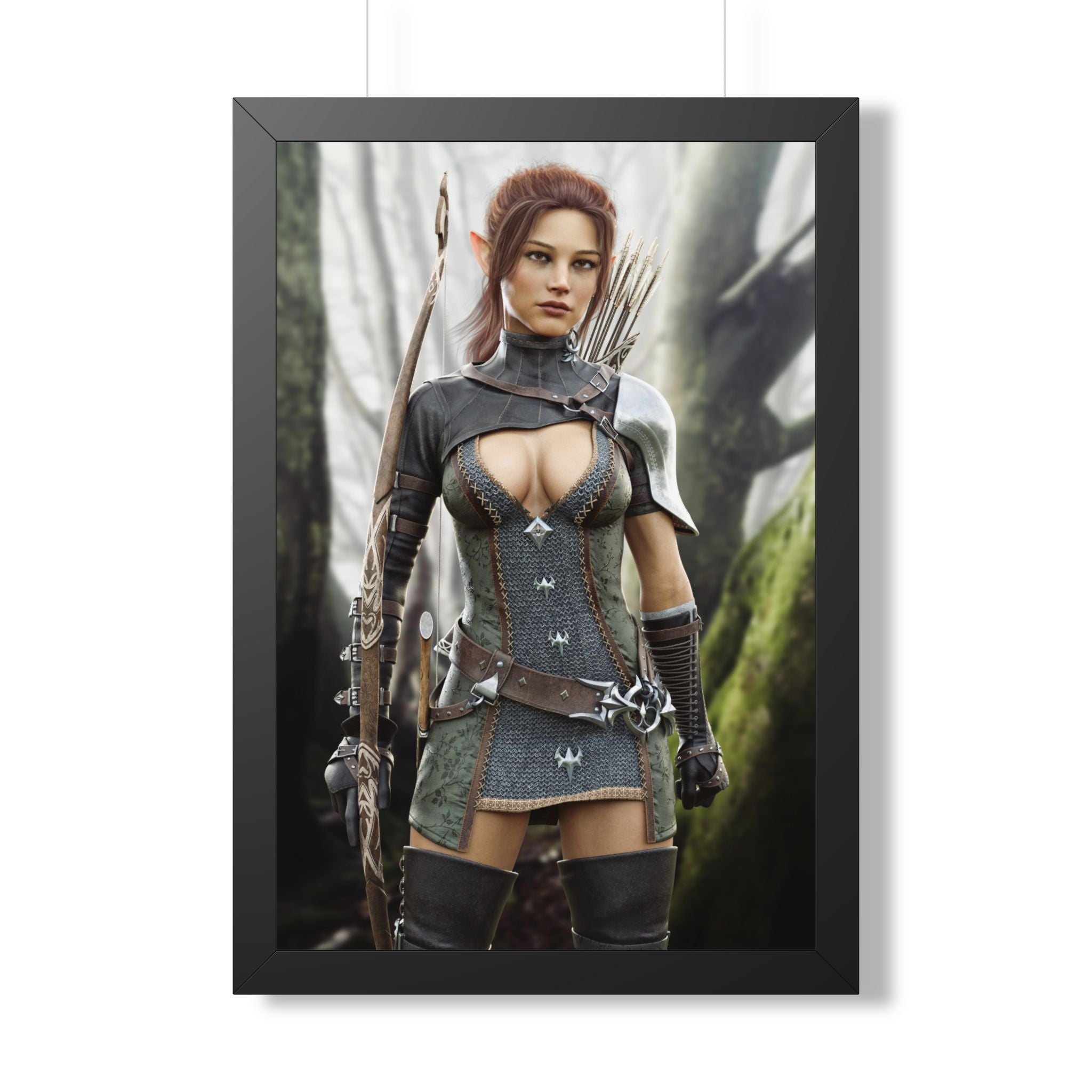 Fantasy Wood Elf Archer Framed Poster — Female Ranger Wall Art - No AI human created illustration art