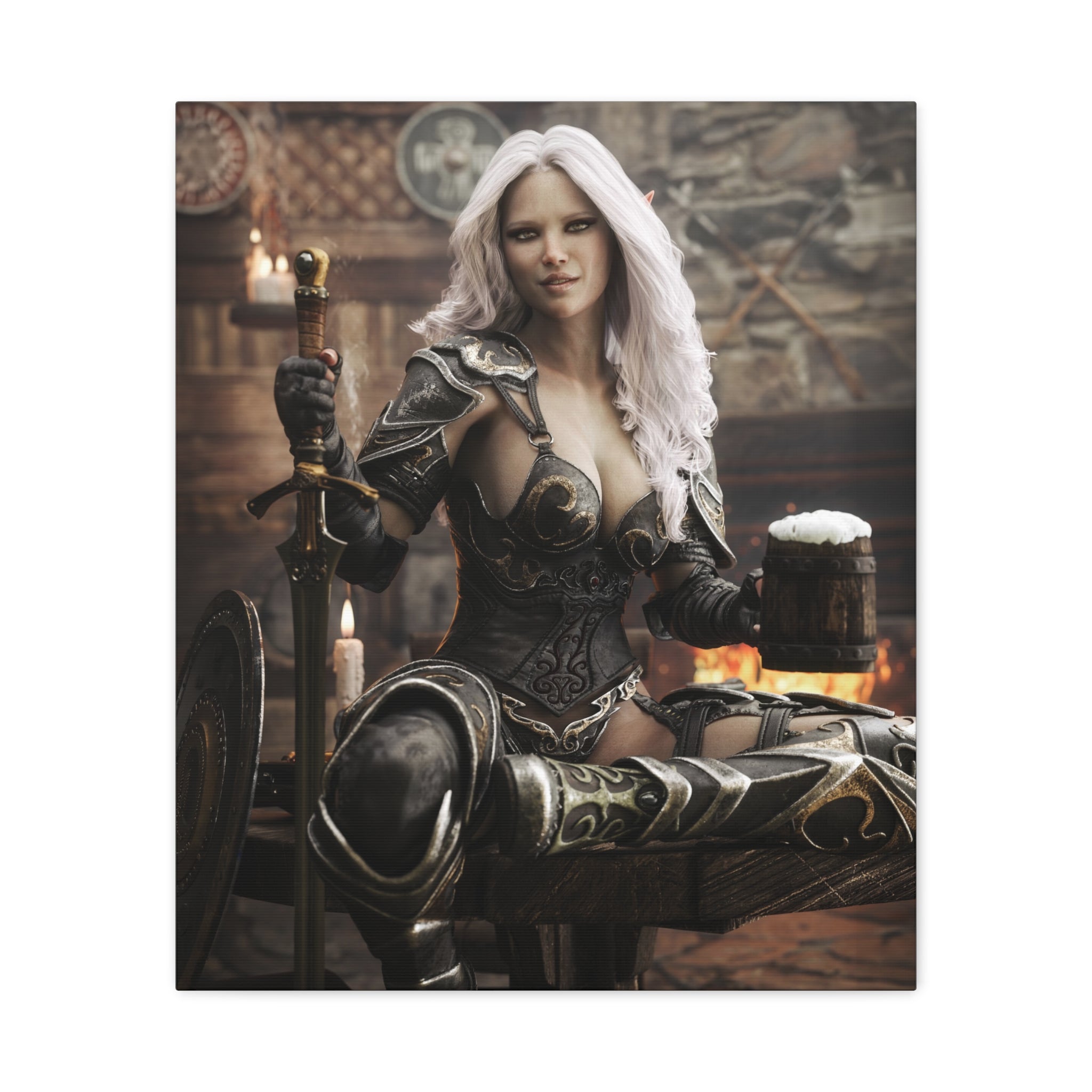 Fantasy Warrior Woman Canvas Print — Armored Dark elf in Tavern Portrait-No AI- Human created illustration art
