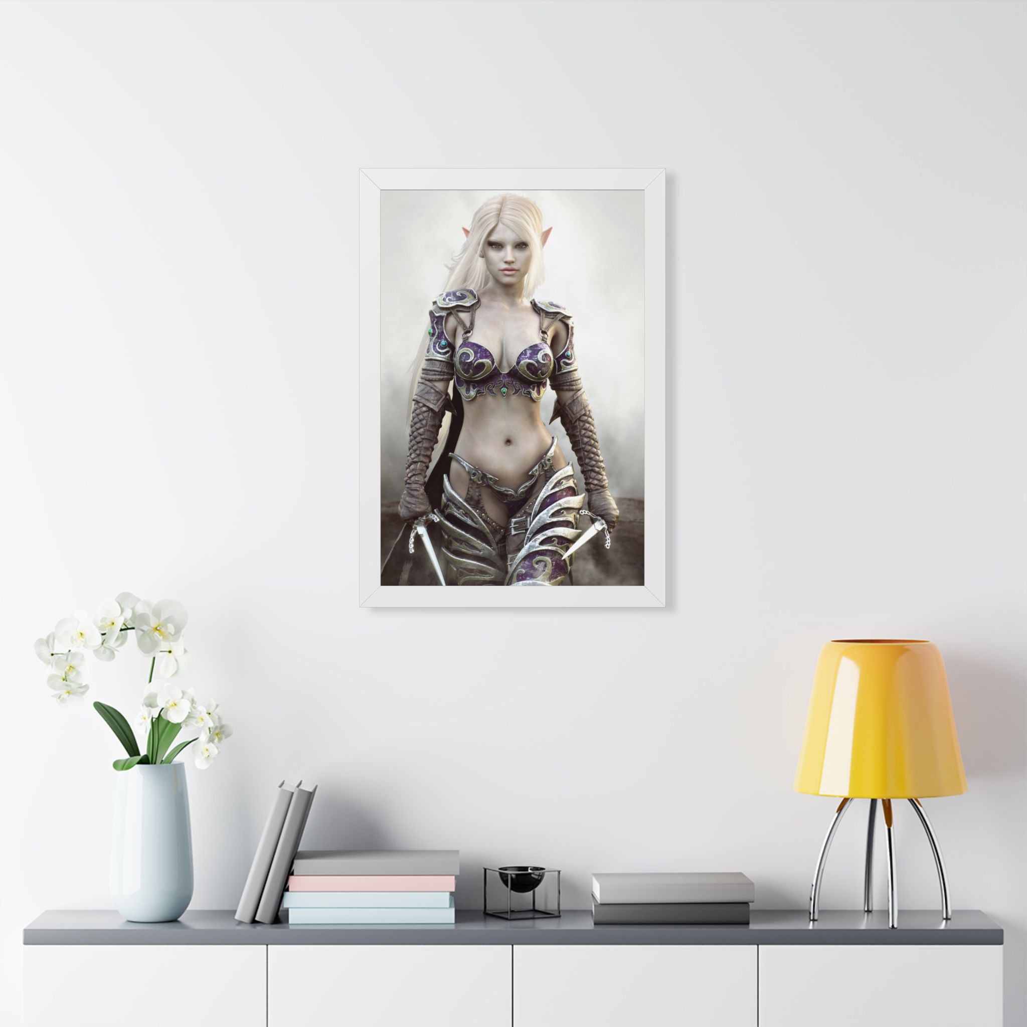 Framed Poster — Fantasy Dark Elf Elven Warrior Art Print - No AI- Human created illustration art