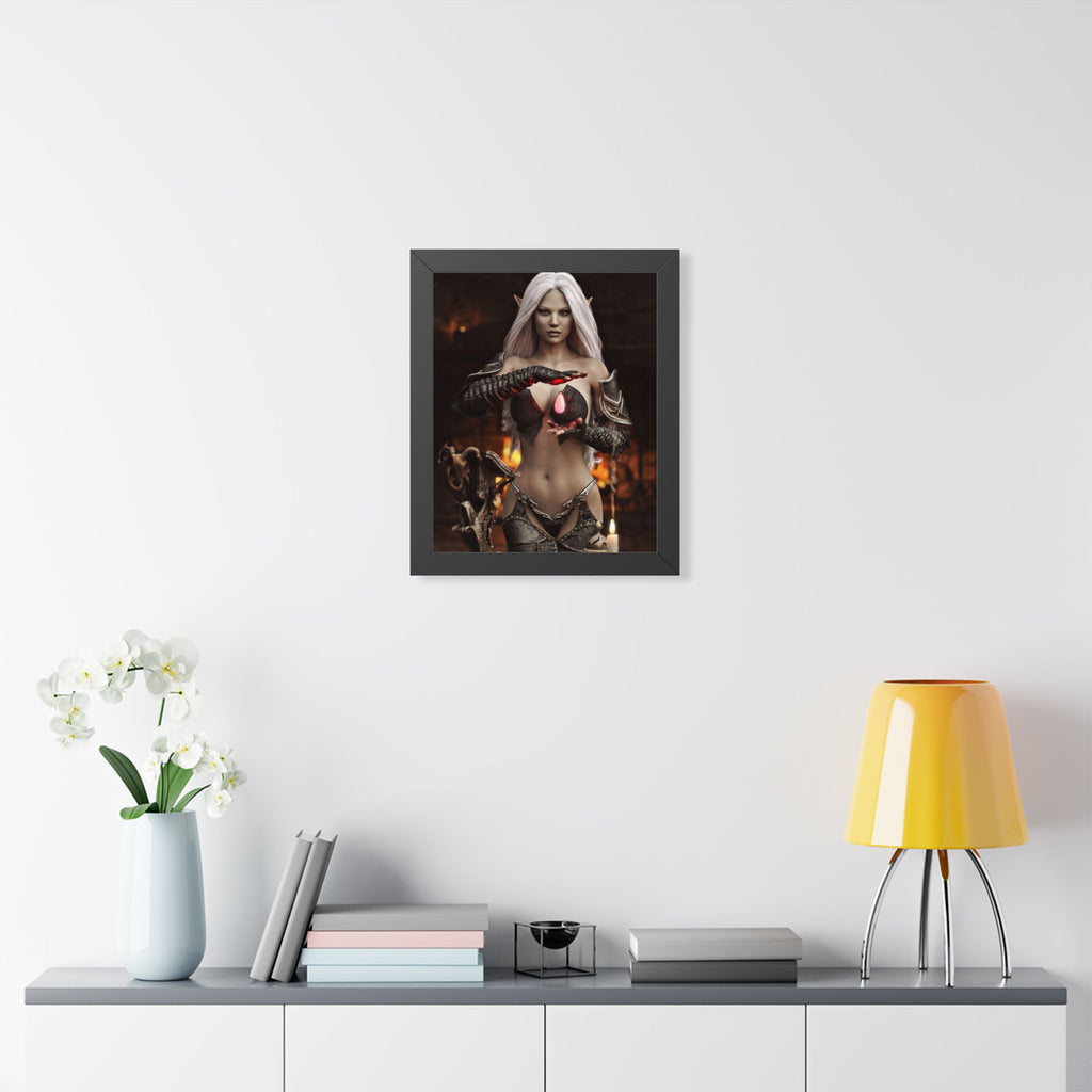 Framed Poster — Dark Fantasy Elf Sorceress with Glowing Orb- NO AI - Human made illustration