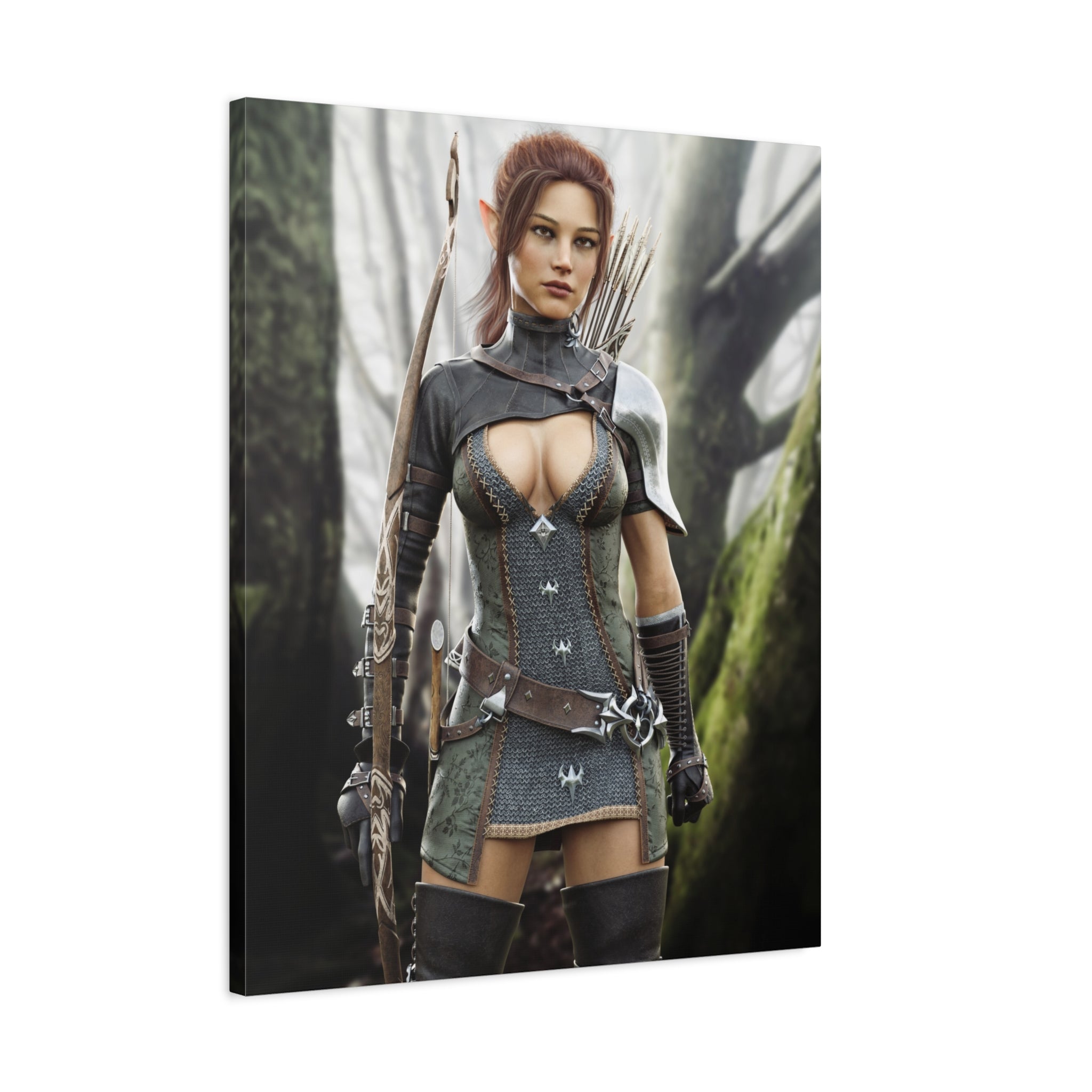Fantasy Wood Elf Archer Warrior Canvas Print — Matte Stretched Wall Art - No Ai - human created illustration art