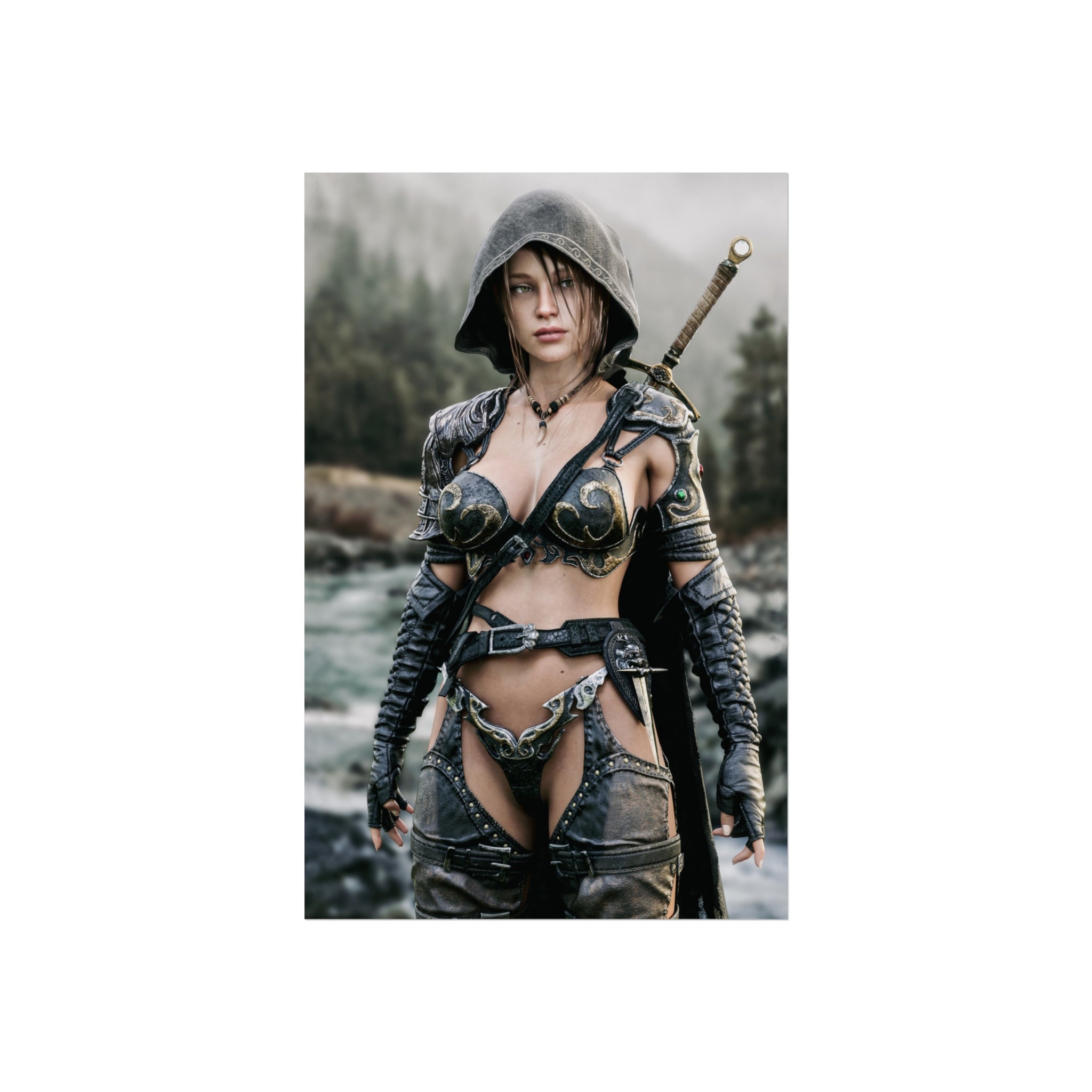 Fantasy Warrior Fine Art Poster — Hooded Female Swordfighter Print - No AI- Human created illustration art