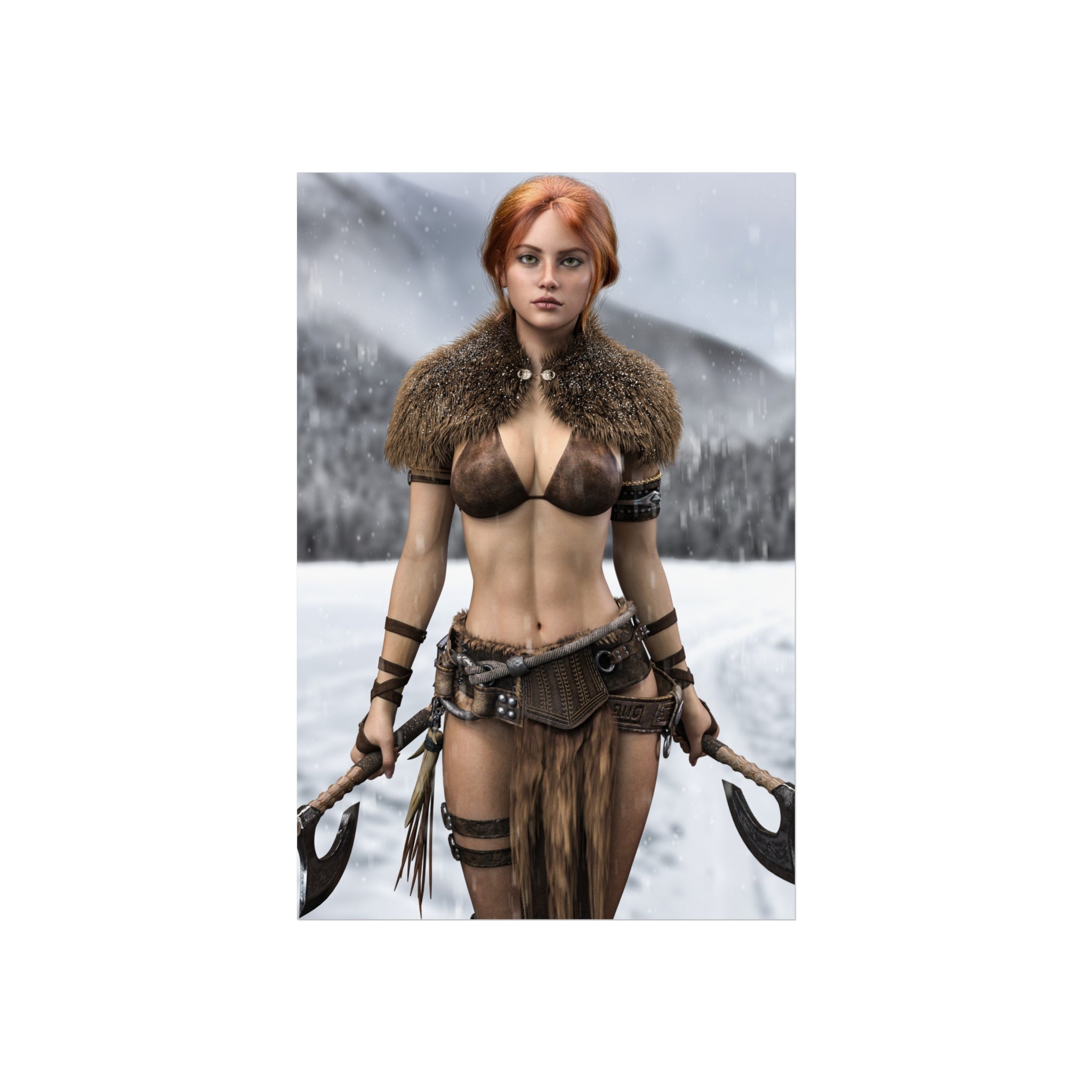 Viking Warrior Woman Fine Art Poster — Red-Haired Norse Axe Fighter Print- No AI- Human created illustration art