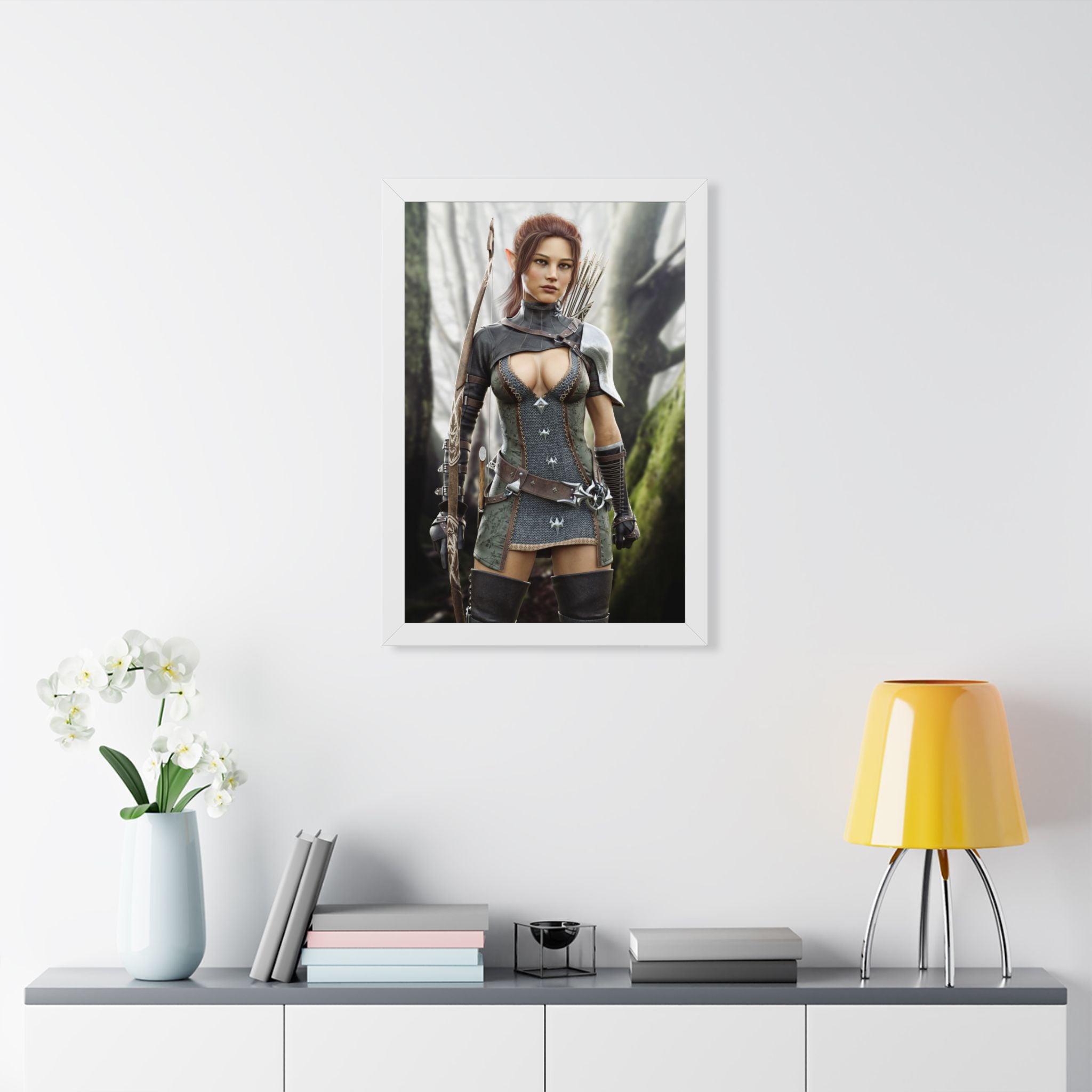 Fantasy Wood Elf Archer Framed Poster — Female Ranger Wall Art - No AI human created illustration art