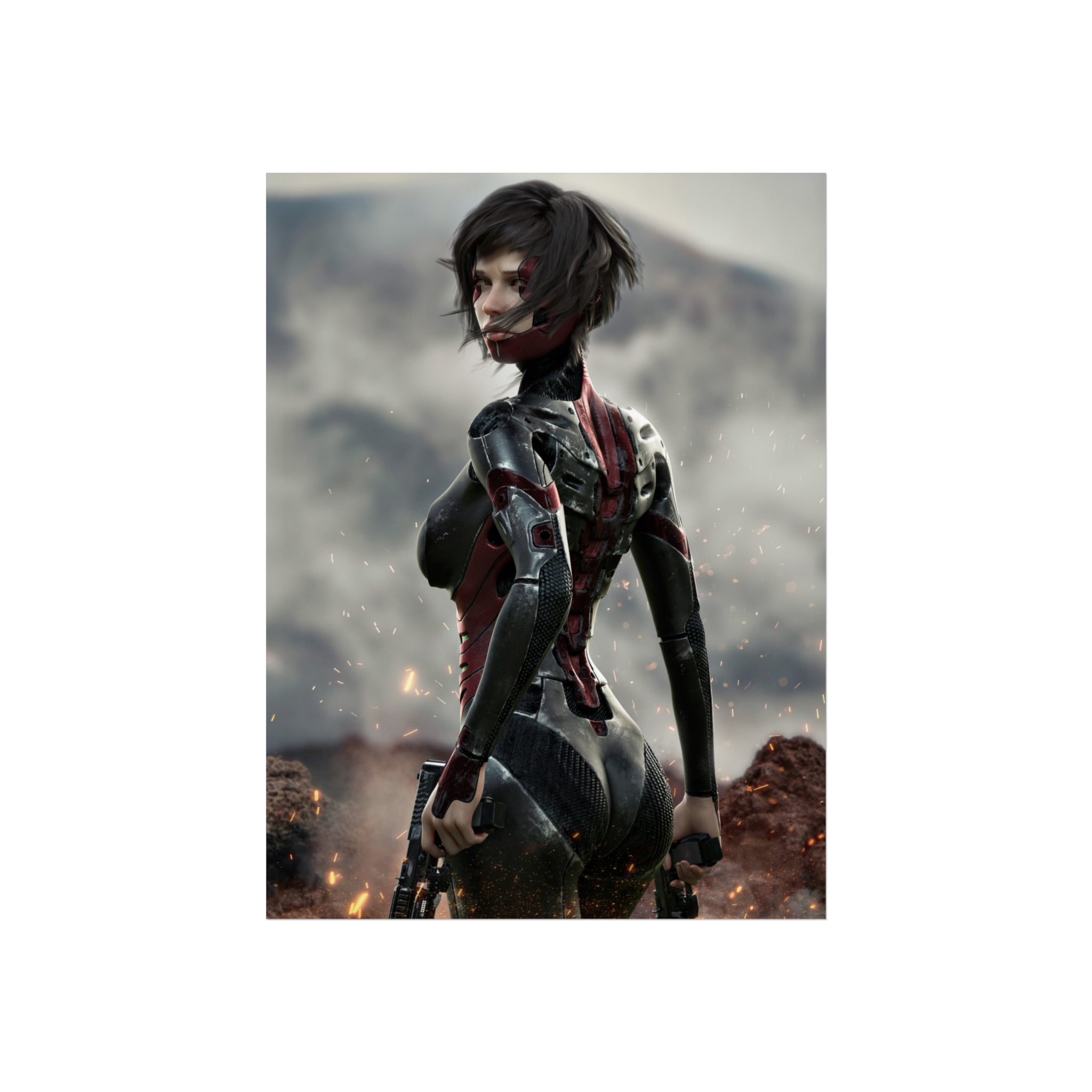 Sci‑Fi Warrior Fine Art Poster — Cybernetic Female Soldier Wall Art- No AI - Human created illustration art