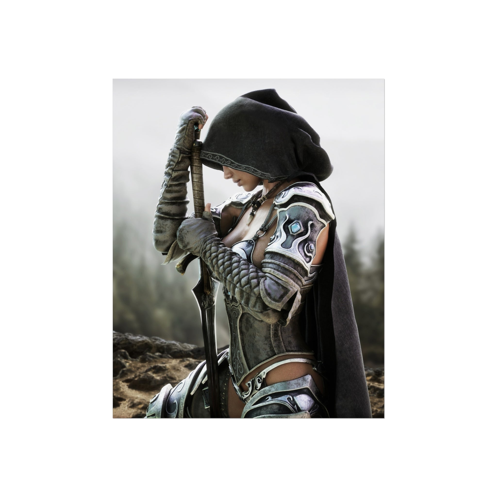 Fantasy Warrior Fine Art Poster — Hooded Female Knight Sword Wall Art - No AI- Human created illustration art