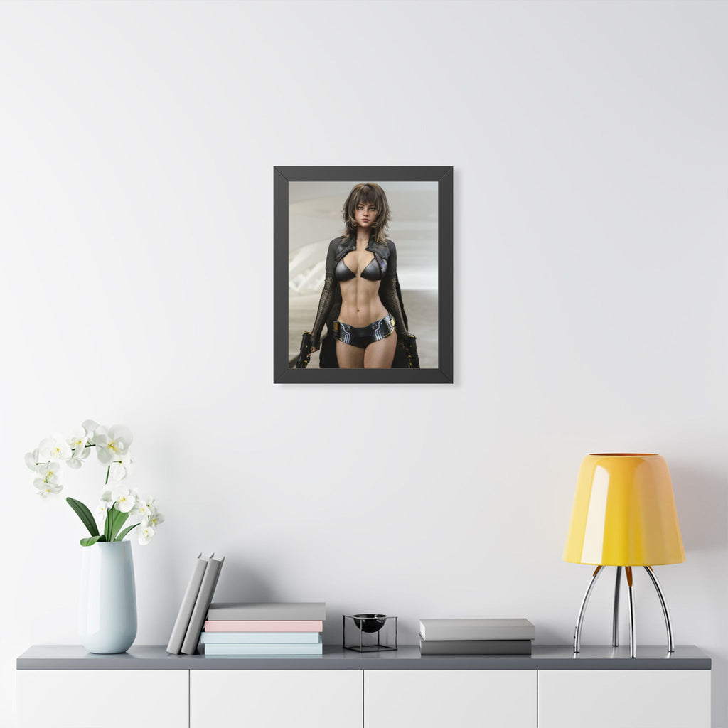Framed Poster — Futuristic Female Warrior Art Print- No AI - Human created illustration art