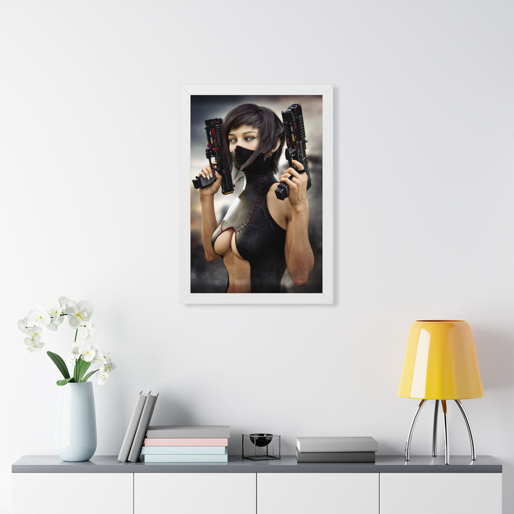 Framed Poster — Cyberpunk Female Assassin Art Print - No AI - Human created illustration art