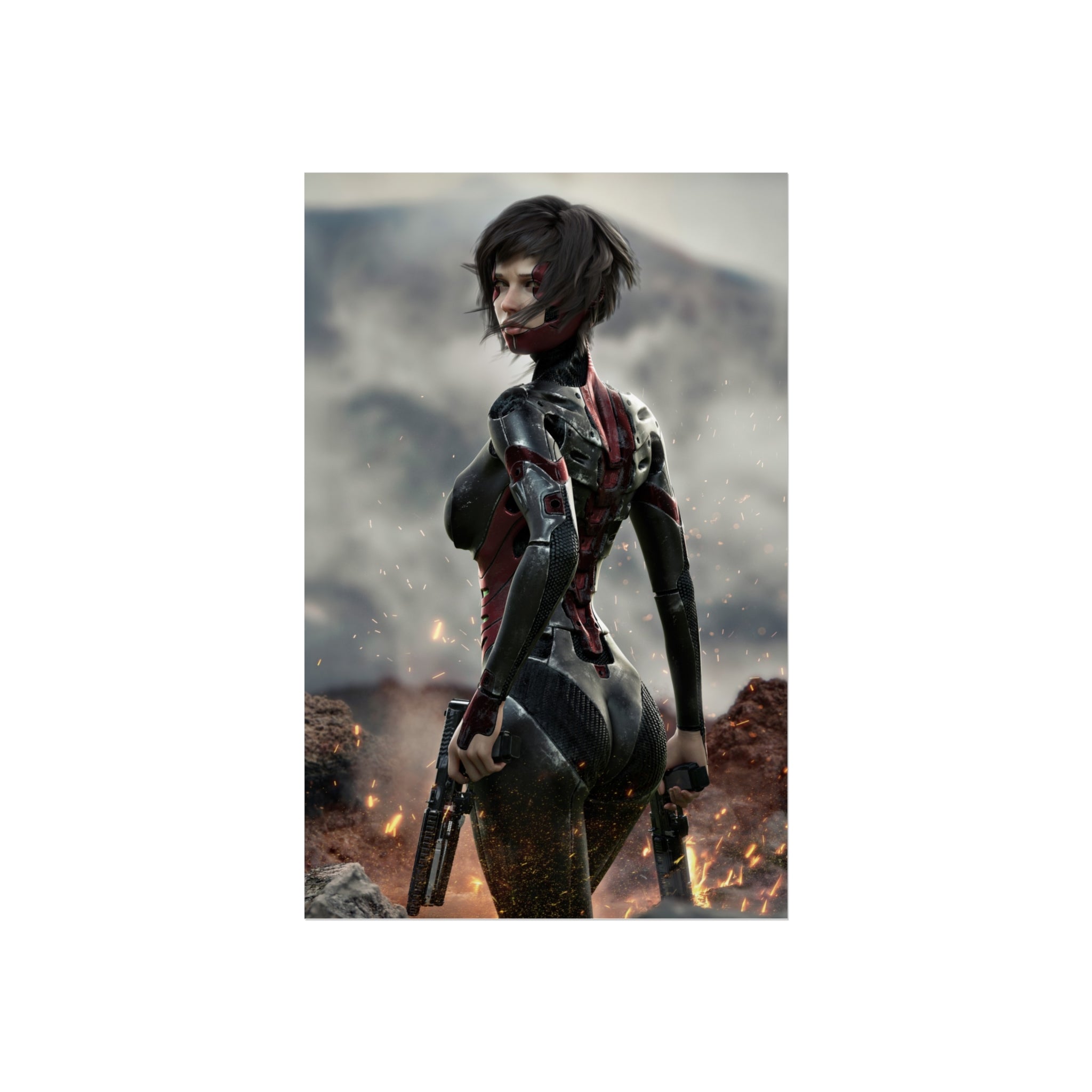 Sci‑Fi Warrior Fine Art Poster — Cybernetic Female Soldier Wall Art- No AI - Human created illustration art