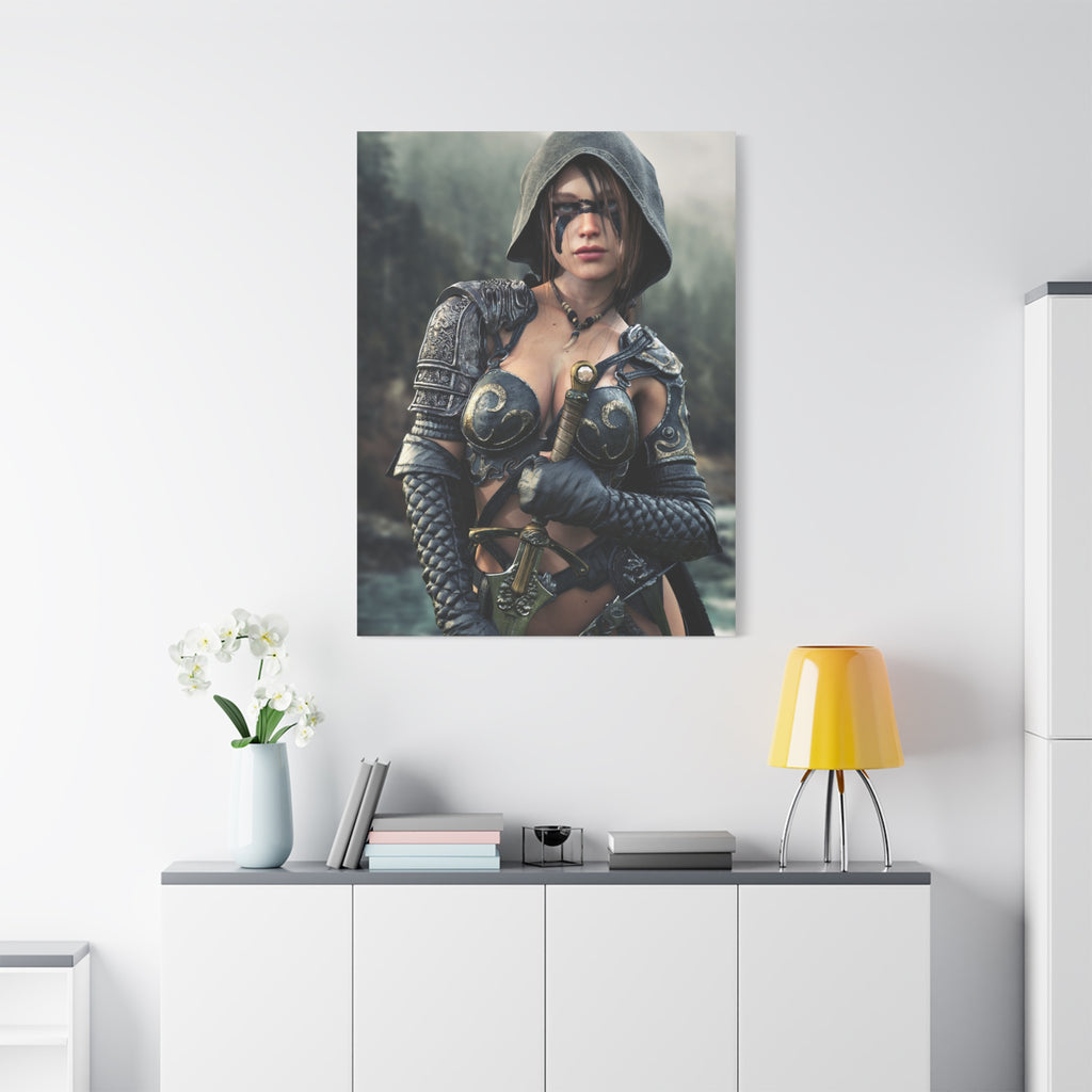 Fantasy ranger wall art featuring a hooded female warrior with face paint, ornate armor, and sword against a misty forest backdrop for fantasy decor.