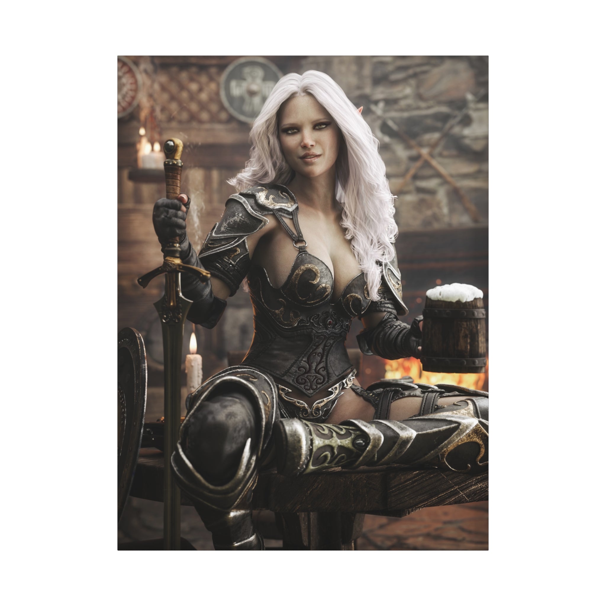 Fantasy Warrior Woman Canvas Print — Armored Dark elf in Tavern Portrait-No AI- Human created illustration art