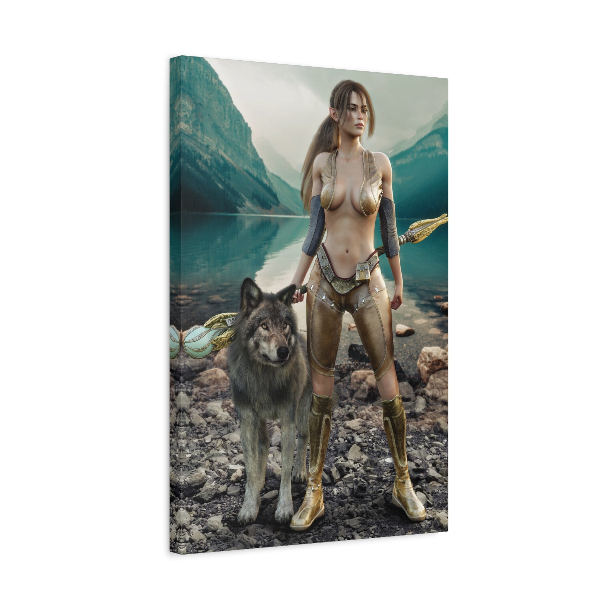 Druid and Wolf Fantasy Canvas Wall Art | Elven Guardian Nature Warrior