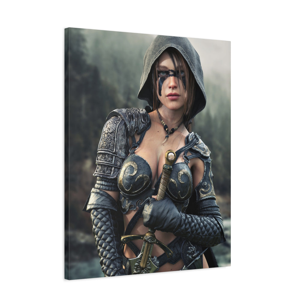 Fantasy ranger wall art featuring a hooded female warrior with face paint, ornate armor, and sword against a misty forest backdrop for fantasy decor.