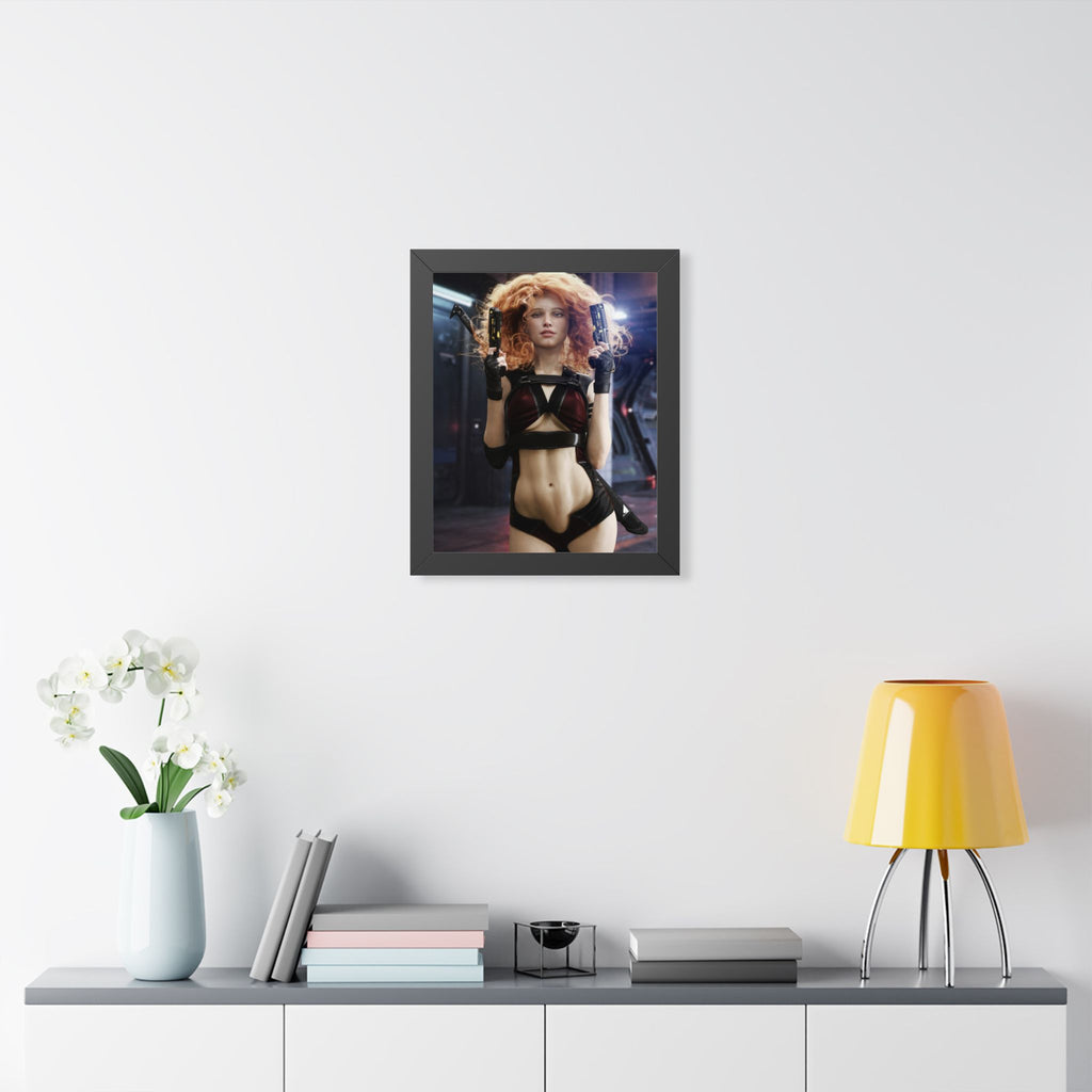 Sci‑Fi Femme Fatale Framed Poster — Cyberpunk Redhead with Dual Blasters- No AI- Human created illustration art