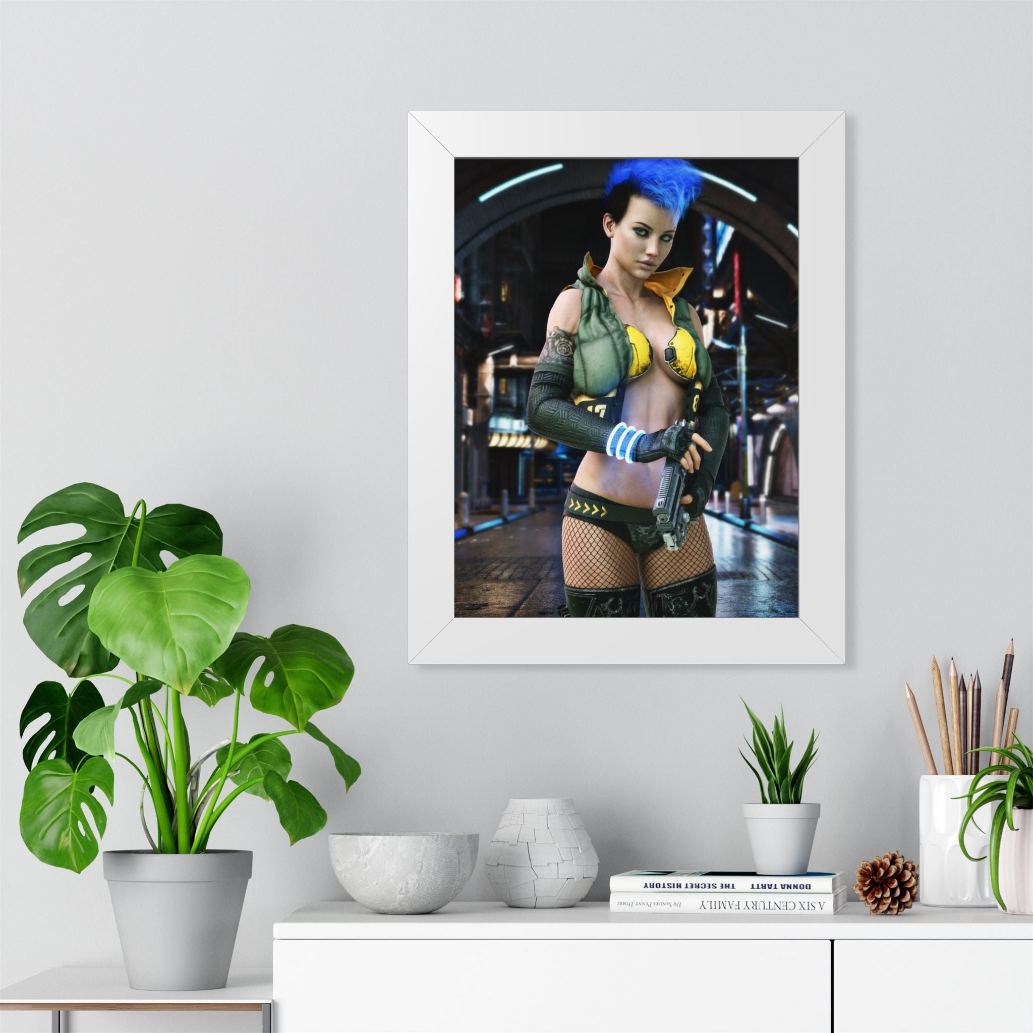Cyberpunk Bounty Hunter Framed Poster — Futuristic Sci‑Fi Wall Art- No AI- Human created illustration art