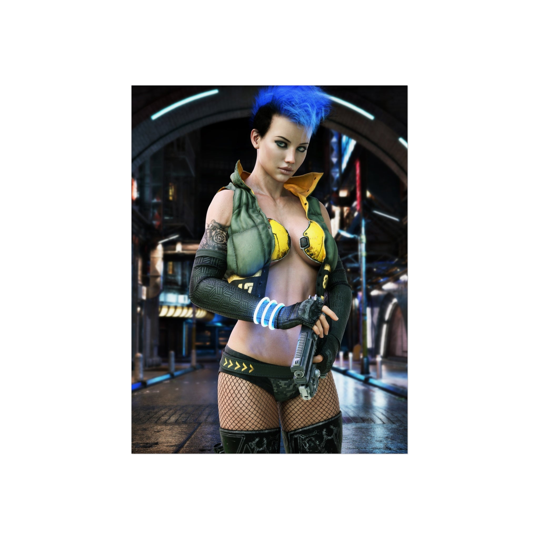 Cyberpunk Femme Fatale Fine Art Poster — Neon Future Sci‑Fi Wall Art- No AI- Human created illustration art